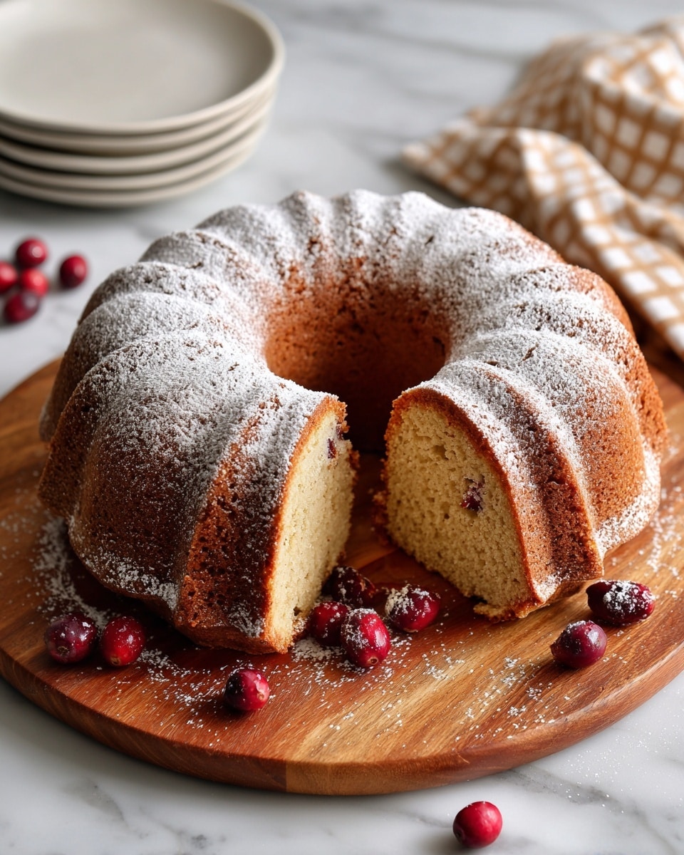A ring-shaped bundt cake with a warm brown color sits on a wooden cutting board, its ridged surface lightly dusted with white powdered sugar. A slice is cut and pulled slightly away from the cake, showing its soft, dense texture. The empty center of the cake is filled with bright red cranberries, scattered also around the board. The wooden surface beneath the board shows natural grain, but the setting is softened by a beige checked cloth near the bottom. To the side, a stack of plain white plates is visible, along with a white cup holding a light foam-topped drink. The photo is taken from above on a white marbled surface photo taken with an iphone --ar 4:5 --v 7