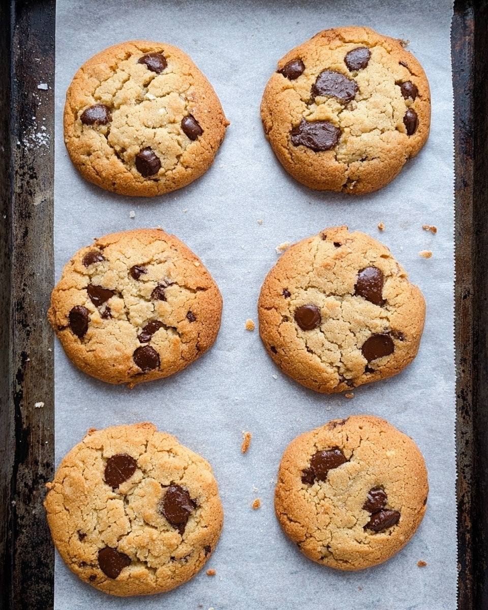 The image shows six chocolate chip cookies arranged in two vertical columns of three on white baking paper on a metal baking tray. Each cookie is golden brown with a slightly cracked surface, revealing a soft, textured inside. Dark brown chocolate chips are scattered on the tops of the cookies in an uneven pattern, with some chips partially melted into the dough. The tray has dark edges with some wear marks, and the white baking paper underneath has small crumbs scattered around. The overall look is warm, fresh, and inviting. photo taken with an iphone --ar 4:5 --v 7