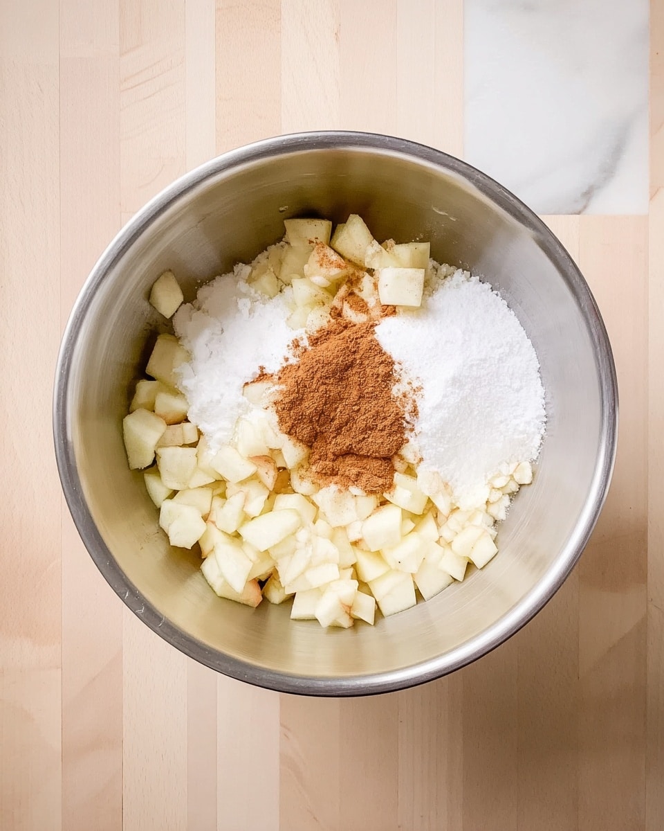 A large silver metal bowl sits on a white marbled surface, filled with three layers of ingredients: the bottom layer is pale cream-colored chopped pieces of apple, the middle layer is white granulated sugar sprinkled evenly over the apple, and the top layer is a small heap of light brown cinnamon powder resting slightly off center on the sugar. photo taken with an iphone --ar 4:5 --v 7