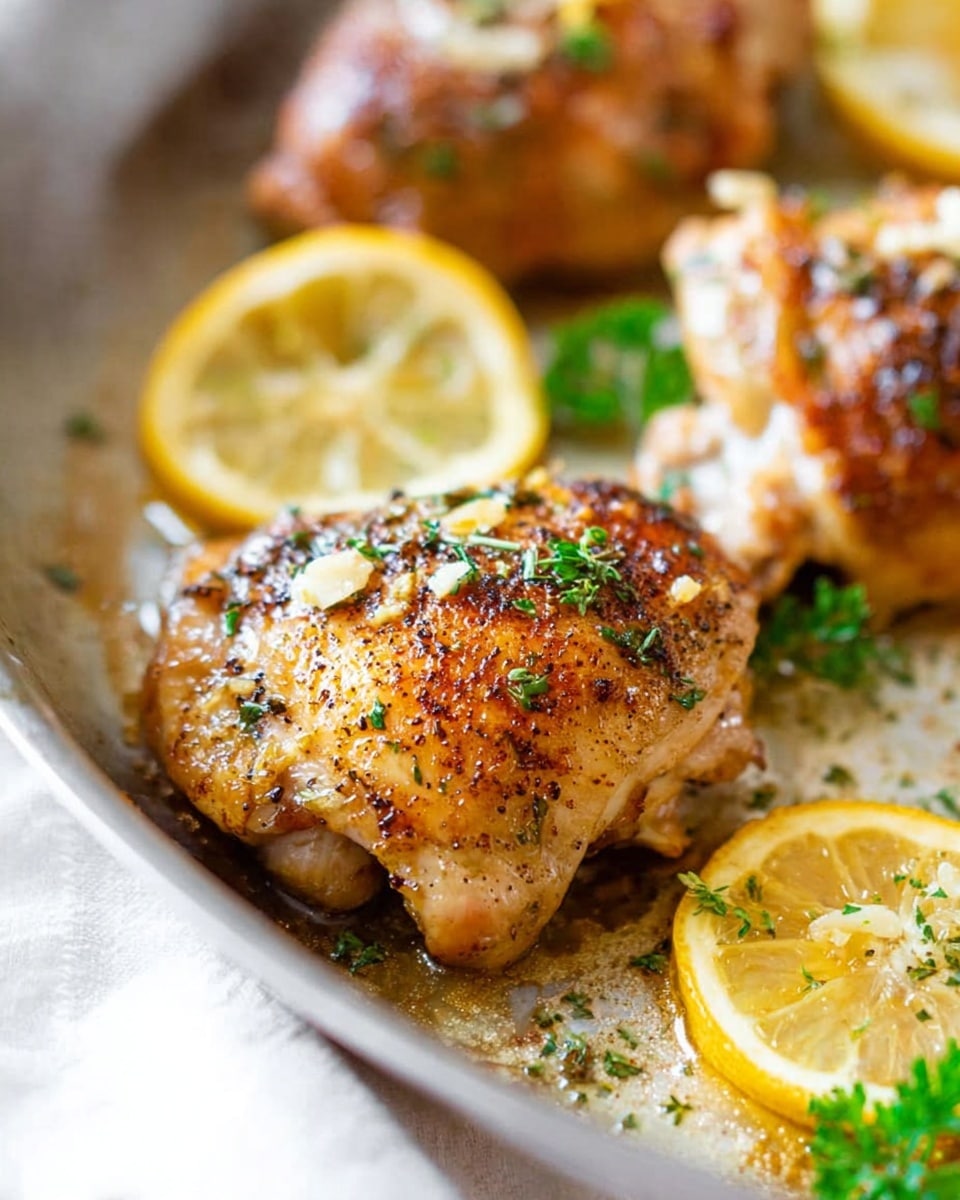 The image shows several pieces of cooked chicken thighs in a pan with a golden brown crust. Each chicken piece is seasoned with small bits of garlic and sprinkled with fresh green herbs. There are slices of bright yellow lemon placed on and around the chicken, adding a fresh look. The pan has a lightly oiled surface with visible seasoning bits, all against a white marbled texture background. The focus is on one chicken piece in the center, showing its juicy and slightly shiny texture from the cooking juices. Photo taken with an iphone --ar 4:5 --v 7