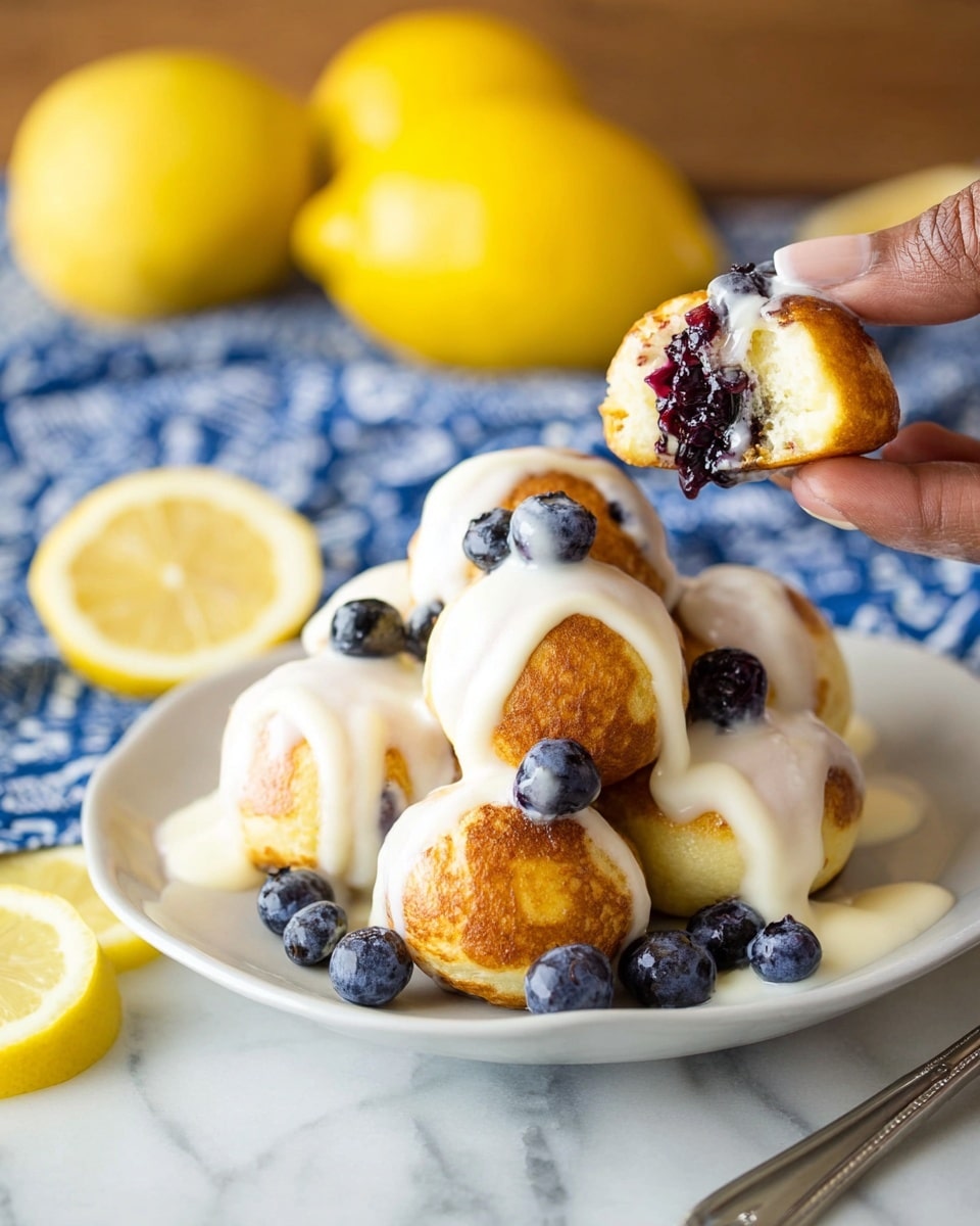 A white plate holds a stack of small, round, golden brown pancake balls arranged in a pyramid with creamy white sauce poured over the top and blueberries scattered around and on the pancakes. A woman's hand is holding one pancake ball close to the camera, showing the inside filled with dark blueberry jam. In the background, there are two bright yellow whole lemons and one lemon half on a blue and white patterned cloth, all placed on a white marbled surface. A silver fork lies on the right side near the plate. photo taken with an iphone --ar 4:5 --v 7