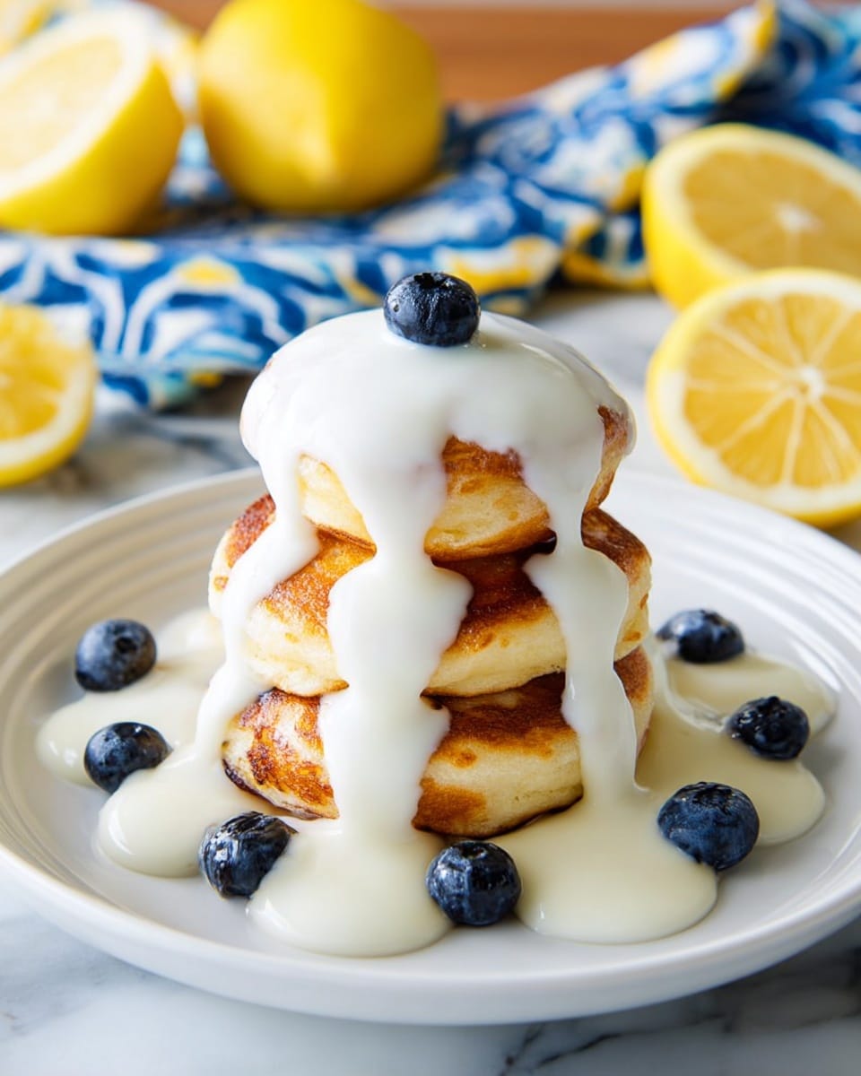 A white plate holds a stack of small golden-brown round pancakes arranged in three layers, with a few blueberries placed between and around them. A thick white sauce is poured over the top, flowing down the sides of the pancake stack. The background shows a white marbled surface with a blue and white patterned cloth and some yellow lemons, with one lemon cut in half. Photo taken with an iphone --ar 4:5 --v 7