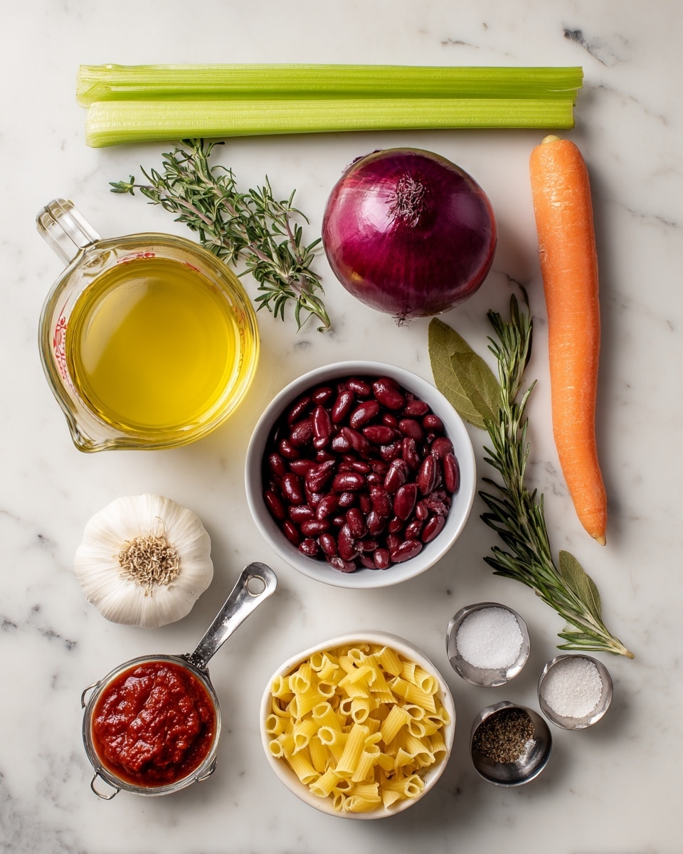 The image shows a flat layout of fresh and prepared ingredients on a white marbled surface, including a whole purple onion with its shiny smooth skin, a long bright orange carrot, and two pale green celery sticks placed next to each other at the top. Below these are sprigs of green rosemary and a pair of dark green bay leaves. A whole garlic bulb with white outer skin sits near the onion. A clear glass measuring cup holds golden yellow vegetable broth on the left side. To its right, a white bowl is full of dark red kidney beans. Below these, a small glass bowl contains bright red crushed tomatoes. Left of the tomatoes, a metal measuring cup holds short, tube-shaped yellow pasta. A metal spoon near the bottom has a thick, deep red tomato paste. Two small measuring spoons with white salt and black pepper are nearby, and a small white measuring cup with golden olive oil is on the right. All items are evenly spaced and well lit by natural light. photo taken with an iphone --ar 4:5 --v 7