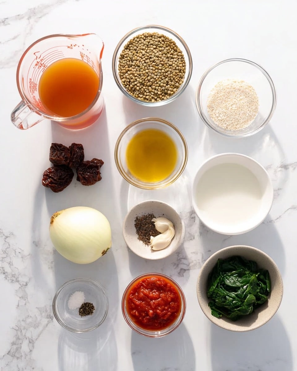 The image shows several small glass bowls and one white bowl arranged on a white marbled surface. The bowls contain various ingredients: a large clear measuring jug with orange-brown liquid on the top left, a bowl of light green lentils, a bowl with a white powdery ingredient at the top right, a plain white bowl filled with a white liquid on the left middle, a whole yellow onion cut in half in the center, a small bowl of golden oil next to the onion, a bowl of dark brown sun-dried tomatoes, three garlic cloves below the white liquid bowl, two small piles of black pepper and salt in a small clear bowl beside the garlic, a small bowl of bright red tomato paste, and a bowl of dark green cooked spinach. All items are neatly spaced out on the white marbled surface with natural light coming from the top left. photo taken with an iphone --ar 4:5 --v 7