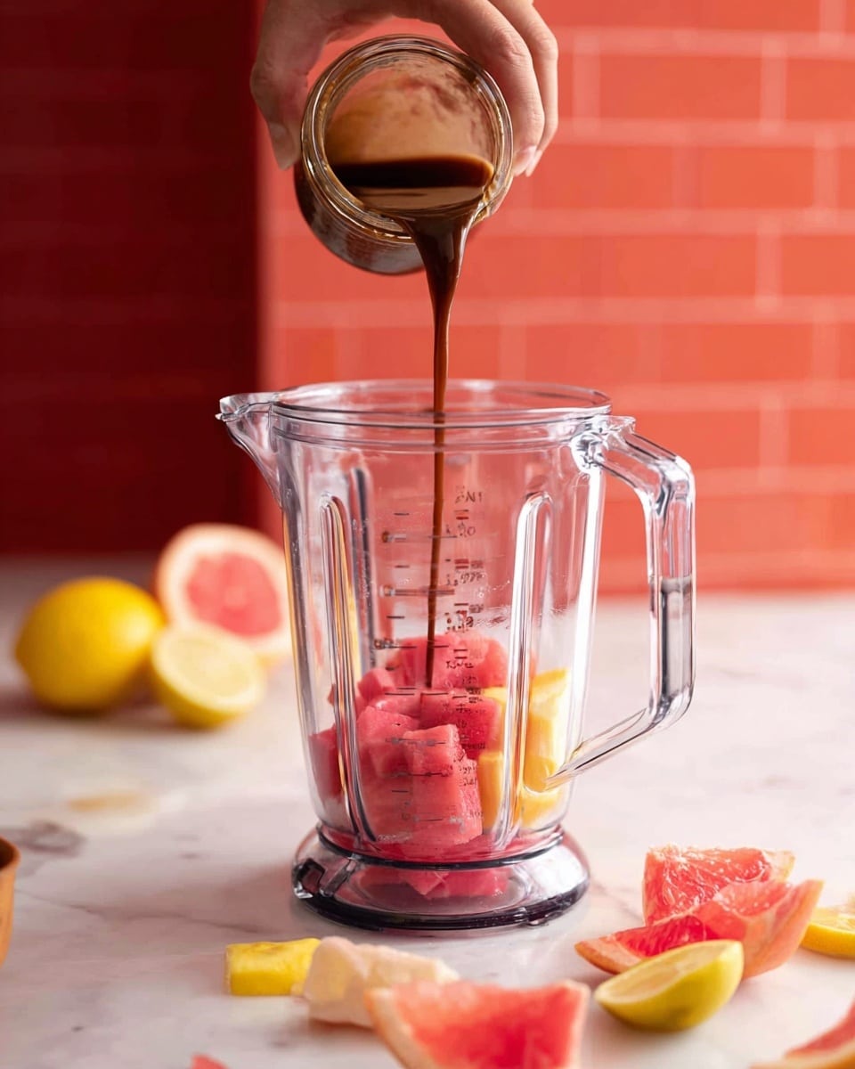 A clear blender jar sits on a white marbled surface, filled with bright pink chunks of fruit at the bottom layer. A woman's hand is pouring a dark brown liquid from a small glass jar into the blender. Around the blender, there are scattered pieces of pink and yellow fruit, including wedges of grapefruit and lemon on the white marbled surface. In the background, there is a red tiled wall adding a warm contrast to the scene. photo taken with an iphone --ar 4:5 --v 7