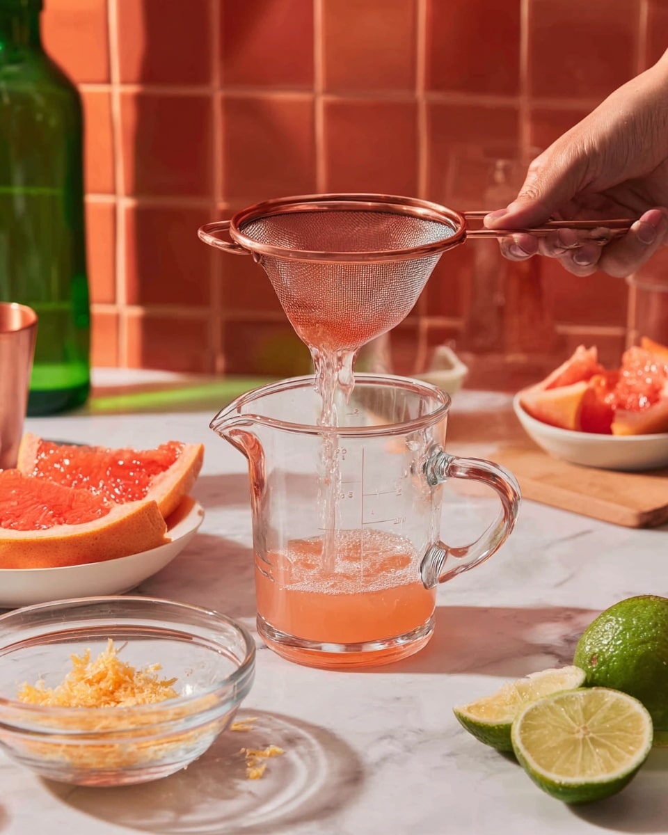 A clear glass jug is being poured by a woman's hand through a copper mesh strainer into a clear glass measuring cup with a handle. The liquid is a light pinkish-orange juice. Around the scene, there are grapefruit pieces in a white bowl filled with grated zest, a whole lime, and lime wedges in a clear glass bowl on a white marbled surface. The background shows a green bottle and a blurred reddish-orange tiled wall. Photo taken with an iphone --ar 4:5 --v 7