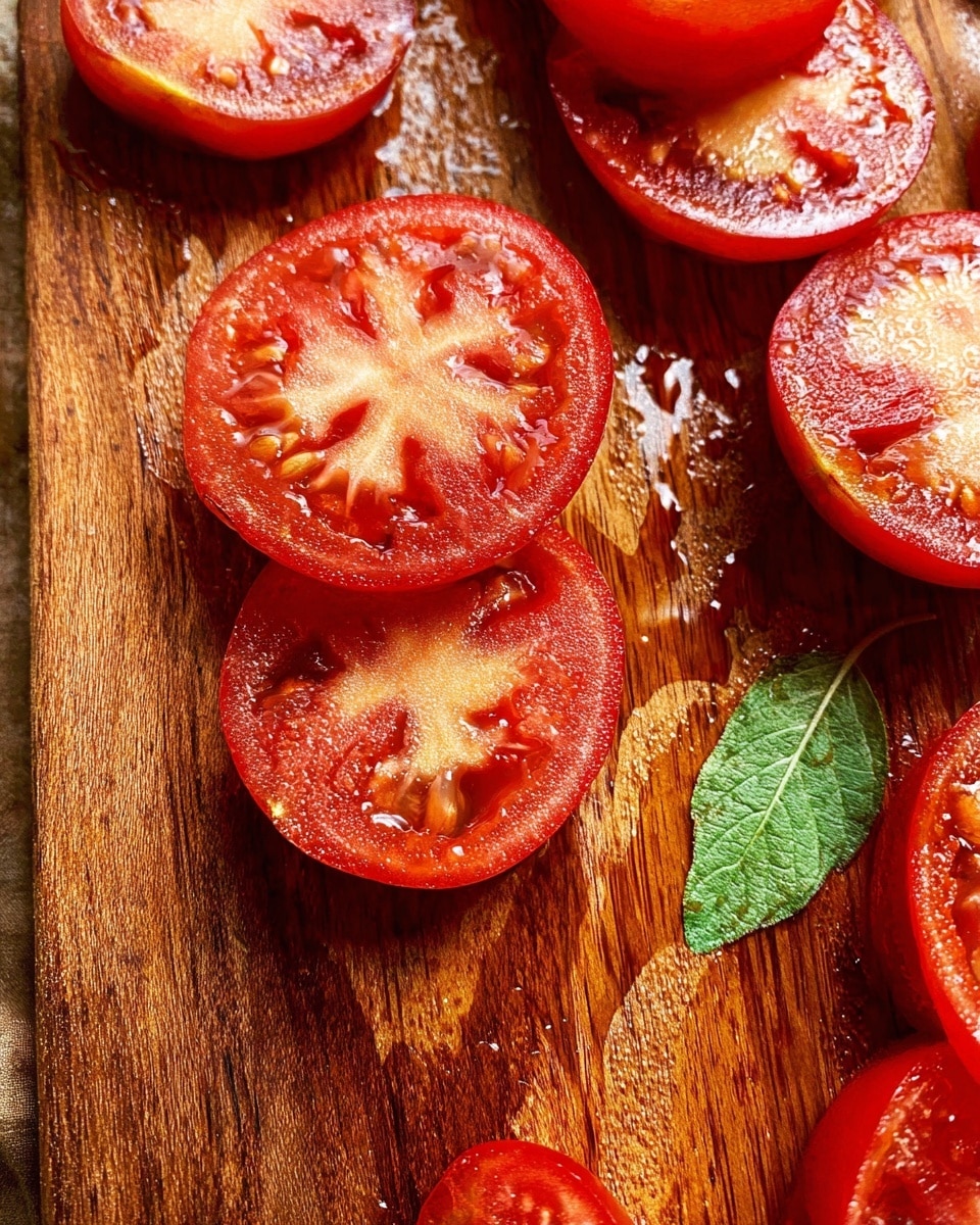 Several bright red tomato slices with visible seeds and juicy texture lie scattered on a wooden cutting board. The tomatoes have a glossy surface showing their freshness, with drops of liquid around them. On the right side, a single green leaf adds a touch of color contrast. The wooden board has a warm brown tone with natural grain texture. Photo taken with an iphone --ar 4:5 --v 7