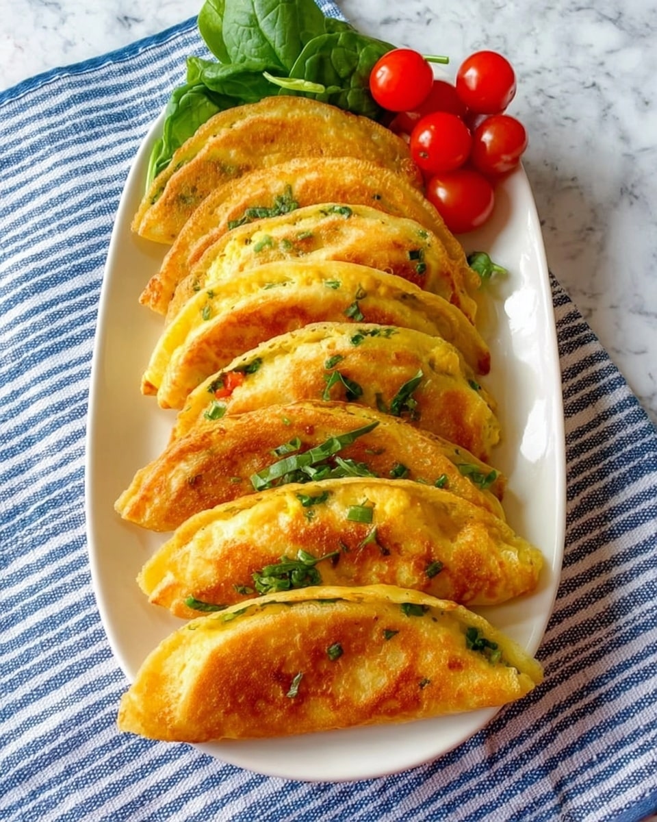 On a long white plate, there are six folded golden brown pancakes lined up side by side, each showing a slightly crispy edge and a soft, fluffy texture. Inside each pancake, there is a yellow filling mixed with green bits, likely herbs or vegetables, visible through the open folds. At the top of the plate, there is a small bunch of bright red cherry tomatoes and fresh green spinach leaves, adding color contrast to the dish. The plate is placed on a blue and white striped cloth over a white marbled surface. photo taken with an iphone --ar 4:5 --v 7