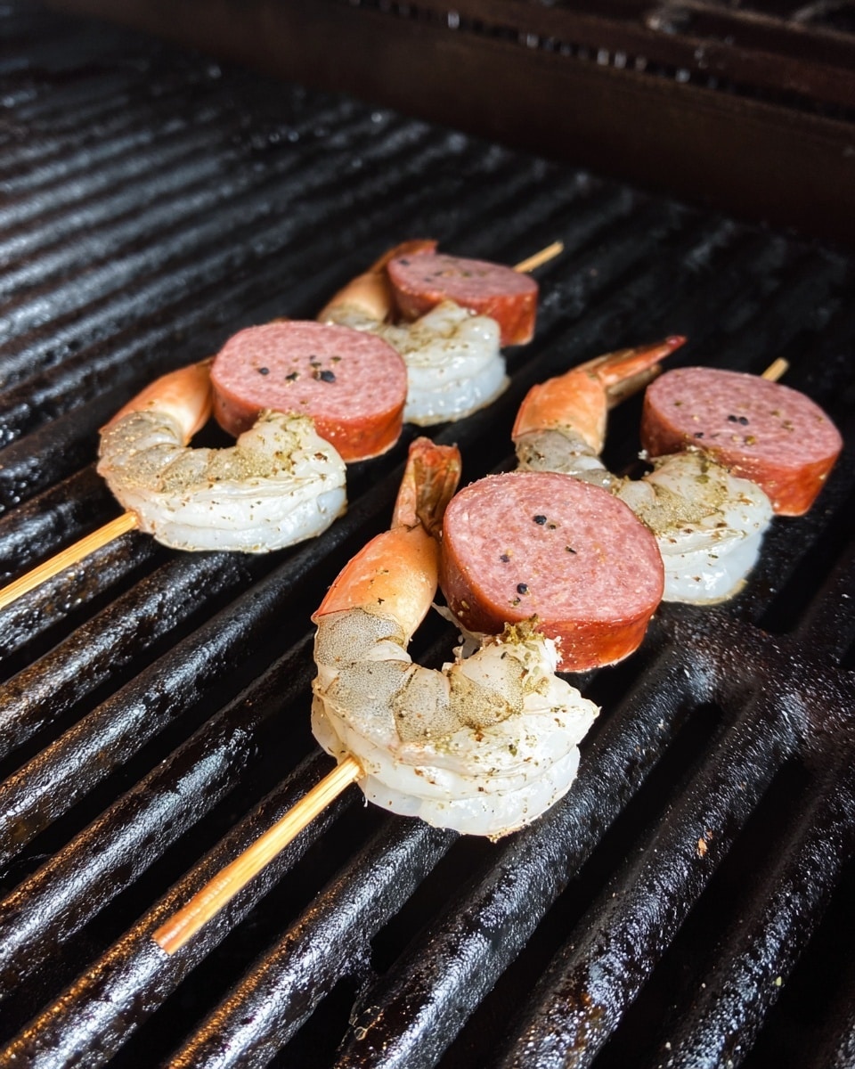 Two wooden skewers with three layers each are shown on a black grill. Each skewer has a bottom layer of a large raw shrimp with light gray and orange shell, lightly seasoned with dark specks. Above the shrimp is a thick, round slice of pink sausage with a smooth texture and small black seasoning dots on top. The skewers rest diagonally on the grill bars, which have a shiny and slightly oily black surface. The background shows the dark, dirty walls of the grill with a slightly rough texture. photo taken with an iphone --ar 4:5 --v 7