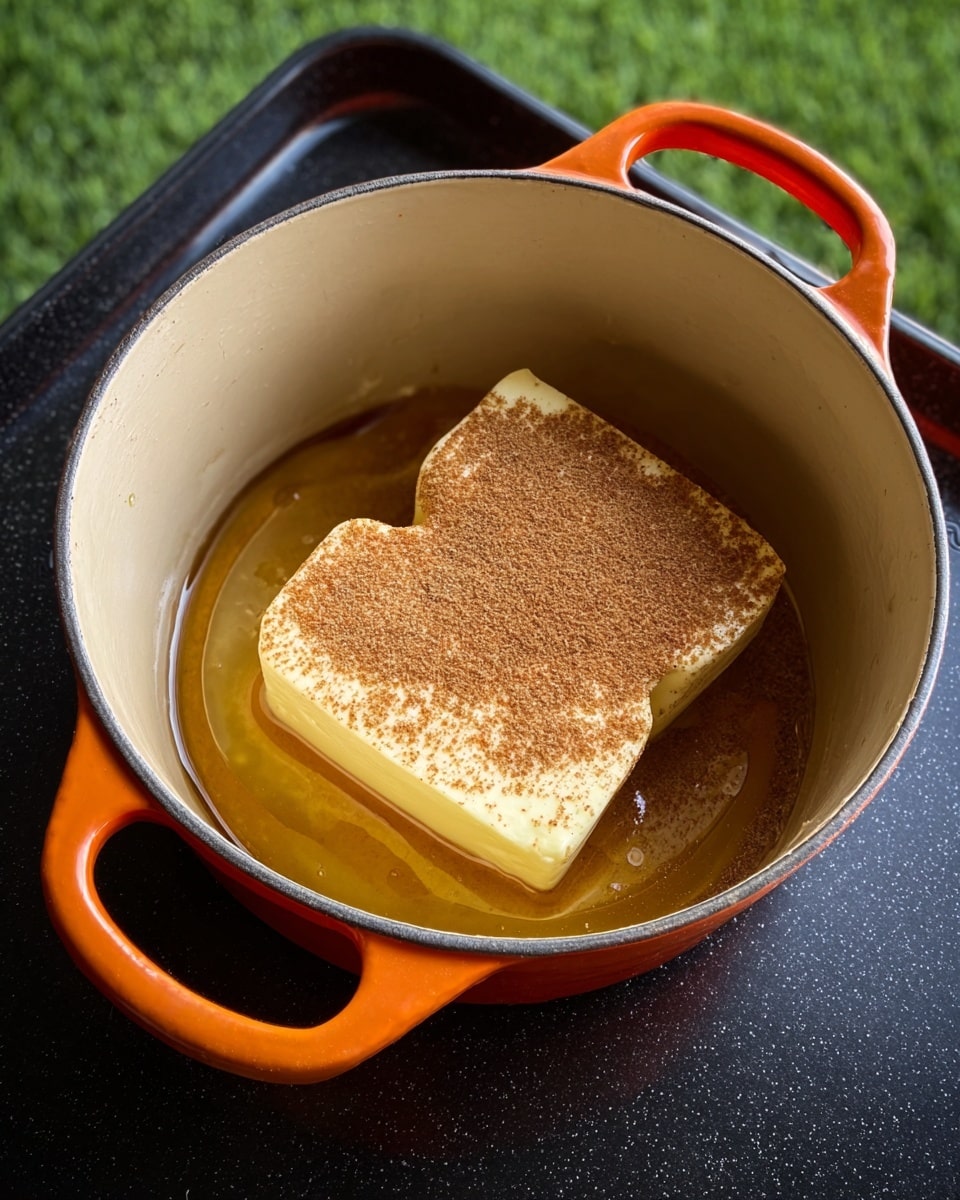 A top view of an orange pot with a beige inside, sitting on a black tray with a green grass background. Inside the pot, there is a layer of thick honey-like syrup at the bottom, topped by two blocks of pale yellow butter covered with a light brown powder, likely cinnamon, evenly sprinkled on top. The pot has two handles, one visible on the left and the other on the right side with a shiny surface. Photo taken with an iphone --ar 4:5 --v 7