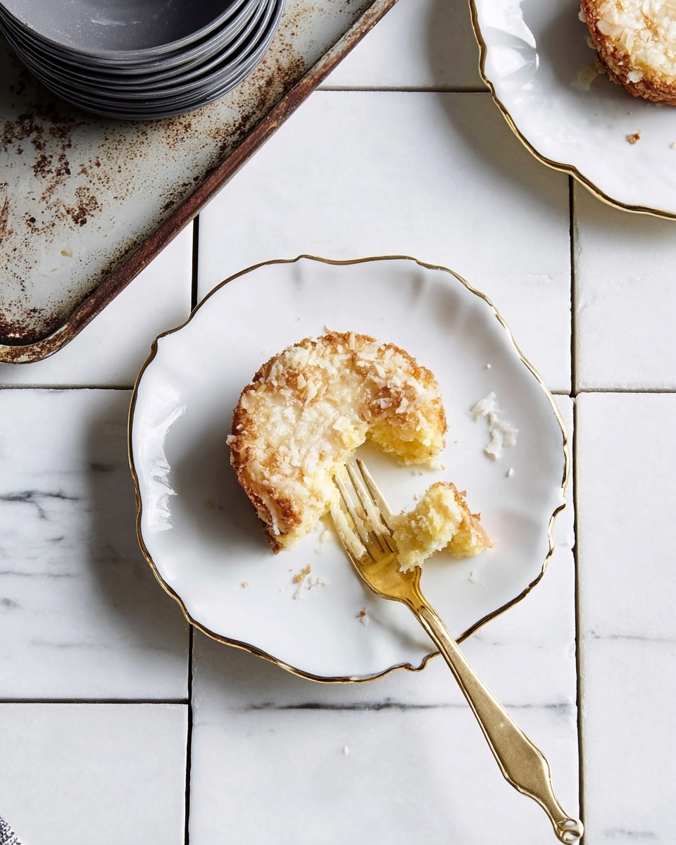 A small round yellow cake with a crumbly white topping sits in the center of a white scalloped plate with a gold rim. The cake is partially eaten, showing a soft, moist inside with a golden-brown edge. A gold fork holds a bite of the same cake and rests on the right side of the plate. The scene is set on white marbled tiles with thin black lines separating the squares. In the top-left corner, there is a worn baking tray holding stacked dark gray pans. photo taken with an iphone --ar 4:5 --v 7