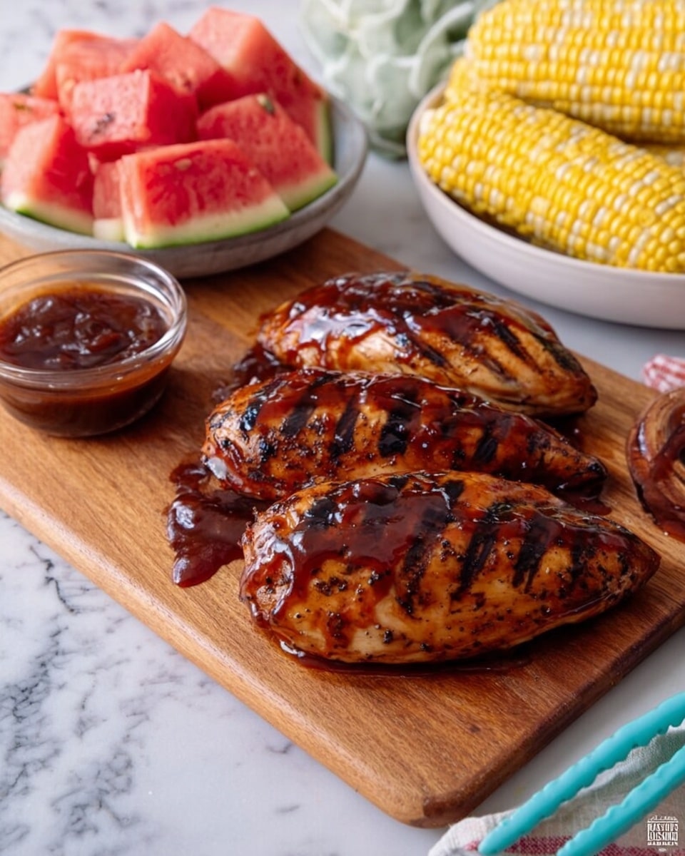 The image shows three pieces of grilled chicken covered in shiny, dark brown barbecue sauce, placed on a wooden cutting board. The chicken has visible grill marks that add a textured, slightly charred look. To the left of the chicken, there is a small clear glass bowl filled with extra barbecue sauce. In the background to the right, there is a white bowl holding several triangular slices of watermelon with red flesh and green rind. Next to the bowl, three yellow ears of corn sit directly on a white marbled surface. A woman’s hand with light blue tongs is visible on the left side reaching toward the board. photo taken with an iphone --ar 4:5 --v 7