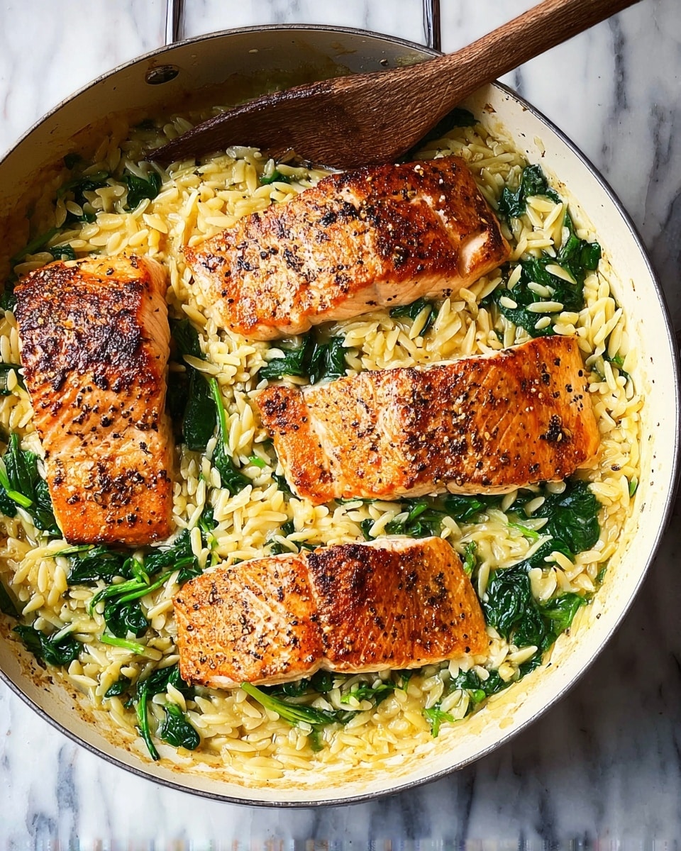 A white pan filled with four cooked, golden-brown salmon fillets placed on top, each fillet showing a crispy flaky texture with black pepper seasoning. Below and around the salmon, there is a base layer of light yellow orzo pasta mixed with bright green wilted spinach leaves, the orzo pieces looking tender and slightly glossy from the cooking liquid. A wooden spoon is partially visible, resting inside the pan near the top left corner, with the scene set against a white marbled surface. photo taken with an iphone --ar 4:5 --v 7