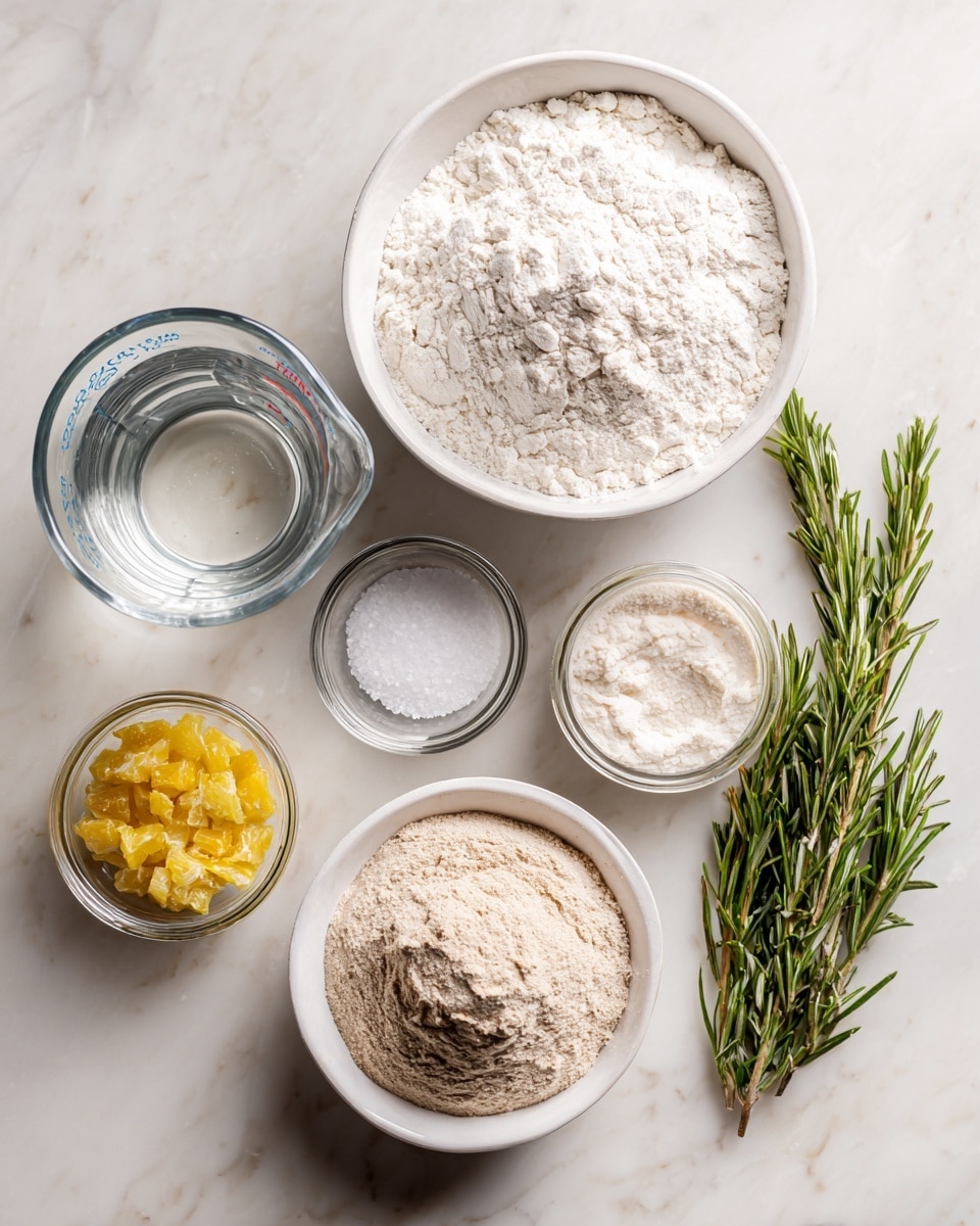 The image shows six ingredients on a white marbled surface, each in a clear or white container with a label next to it. At the top center, there is a white bowl filled with white bread flour. Below it, slightly left, is a clear glass measuring cup filled with water. To the right of the water is a small clear bowl with light brown whole wheat flour. In the bottom left, there is a small clear bowl with bright yellow chopped preserved lemon. Next to it, a small jar filled with bubbly sourdough starter. To the right of the jar, there is a tiny clear bowl with coarse white sea salt and fresh green rosemary sprigs laying beside it. Photo taken with an iphone --ar 4:5 --v 7