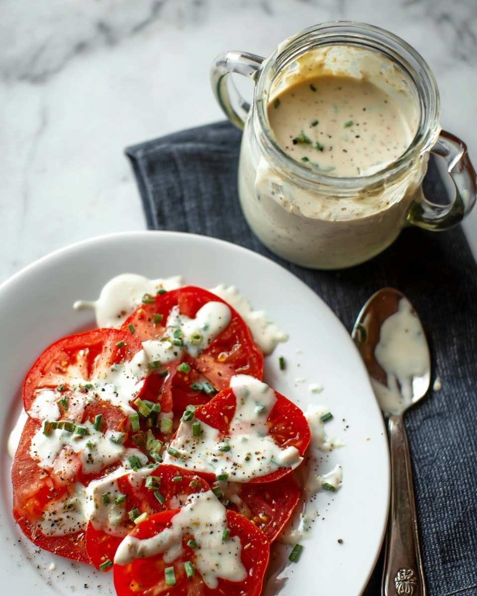 A white plate holds uneven red tomato slices topped with thick, creamy white dressing that has small green herbs sprinkled inside, and tiny green herb pieces scattered on top, along with some black pepper. Next to the plate, there is a clear glass jar filled with the same creamy dressing overflowing slightly, placed inside a white bowl with two handles, and a silver spoon resting inside the bowl with some dressing spilled around it. The setting is on a white marbled surface with a dark cloth partially visible underneath. photo taken with an iphone --ar 4:5 --v 7