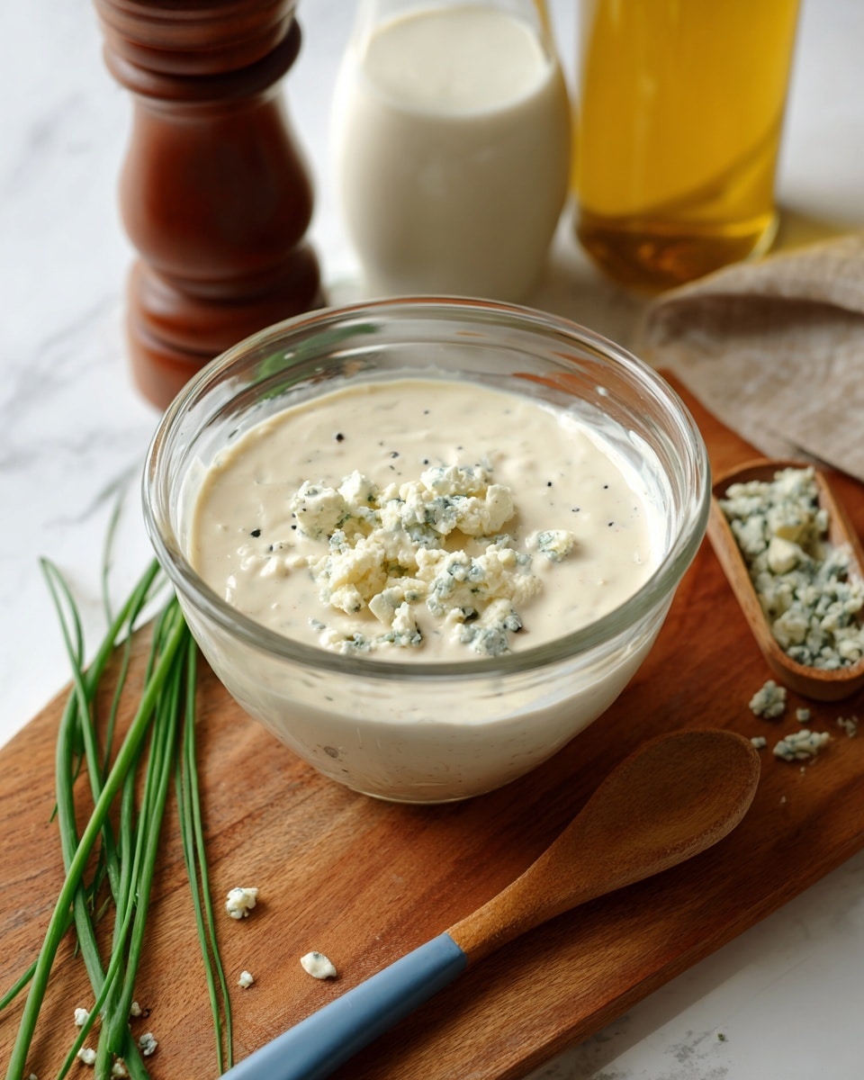 A clear glass bowl filled with a creamy, pale beige sauce that has a smooth texture with small black pepper specks throughout, topped with crumbled pieces of blue cheese scattered on the surface. The bowl sits on a wooden cutting board that has fresh green chives placed on it alongside a wooden spoon with a blue silicone tip resting beside the bowl. In the background on the white marbled surface, there is a brown wooden pepper grinder, a small glass bottle half filled with cream or milk, and a yellow bottle, all slightly blurred. A small wooden scoop with more blue cheese crumbles is also on the right edge of the cutting board. photo taken with an iphone --ar 4:5 --v 7
