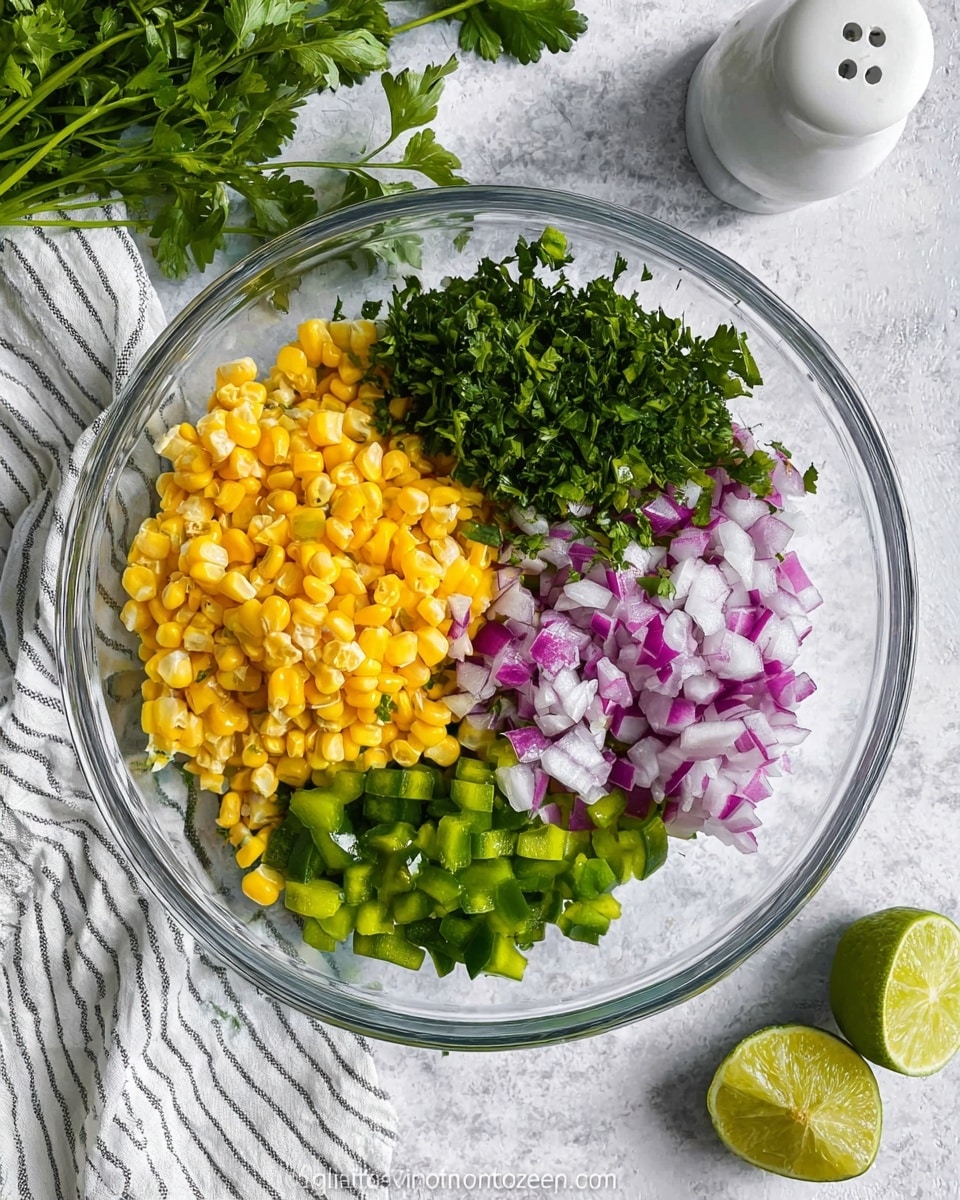 A clear glass bowl holds four bright layers of fresh ingredients, each distinct in color and texture. On the left side there is a pile of yellow corn kernels with a smooth, glossy texture. Above the corn, there is a heap of rough, leafy green parsley. To the right of the parsley, there is a mass of small, diced red onions, purple and white in color with a slightly shiny surface. Below the onions, there is a group of diced green bell peppers, vibrant and crisp in appearance. The bowl sits on a white marbled surface along with a white cloth with thin black stripes, some sprigs of parsley, a halved lime showing its light green inside, and a white salt shaker. Photo taken with an iphone --ar 4:5 --v 7