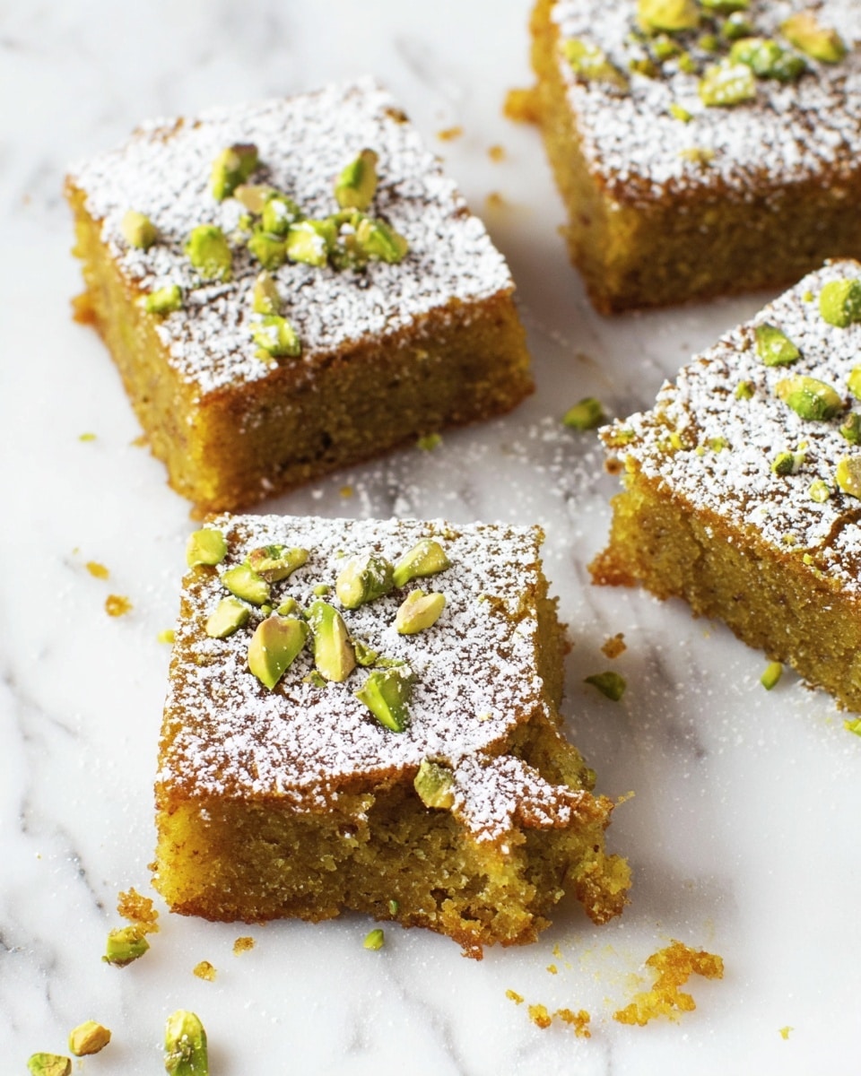 The image shows four square pieces of moist, golden brown cake with a slightly crumbly texture, placed on a white marbled surface. Each square has a light dusting of white powdered sugar on top, and small green chopped pistachio nuts sprinkled over the sugar for garnish. The piece in the front has a small bite taken out of its corner, revealing a dense, soft inside. Small bits of pistachio are scattered around the cake pieces on the surface. Photo taken with an iphone --ar 4:5 --v 7