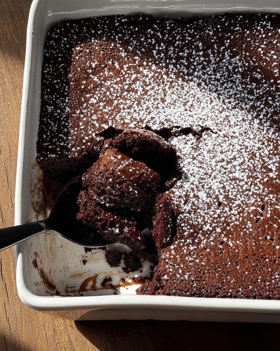 A square white baking dish filled with a thick, rich dark brown chocolate dessert with a slightly cracked and textured top, sprinkled lightly with white powdered sugar. A portion is scooped out from one corner, revealing a moist, dense inside with a soft and fudgy texture. A black spoon is placed inside the dish, holding a scoop of the chocolate dessert. The dish sits on a wooden surface, with bright light casting strong shadows on the dessert and dish. Photo taken with an iphone --ar 4:5 --v 7