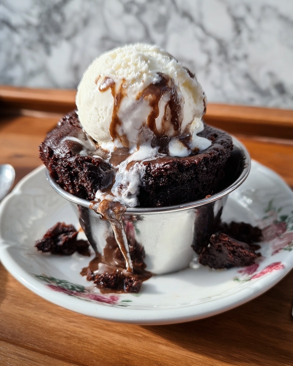 The dessert is served in a small shiny metal cup placed on a white plate with floral patterns. It has two main layers: the bottom layer is dark, moist chocolate cake with a rich texture, and the top layer is a scoop of creamy white ice cream that is melting slightly with some chocolate sauce dripping over it. The chocolate cake is moist with some pieces crumbling around the edges, and the ice cream has a smooth but soft texture with some melting creating a mix of white and brown colors. The plate and cup sit on a wooden surface, but the background is changed to a white marbled texture. Photo taken with an iphone --ar 4:5 --v 7