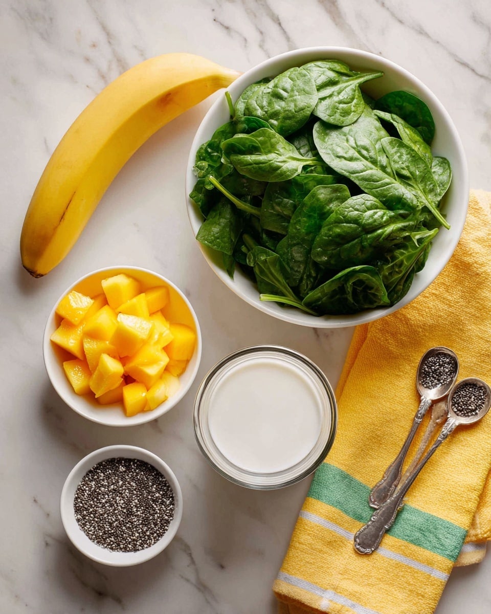 The image shows fresh ingredients arranged on a white marbled surface: a whole banana on the top left, a large white bowl filled with bright green spinach leaves in the center, a small white bowl with yellow pineapple chunks below it, a small white bowl with orange mango pieces next to the pineapple, and a clear glass cup filled with white milk placed on a yellow cloth with a green stripe on the right side. Above the cloth, two small silver measuring spoons hold black chia seeds. The overall scene looks clean and fresh, with natural light highlighting the colors and textures. photo taken with an iphone --ar 4:5 --v 7