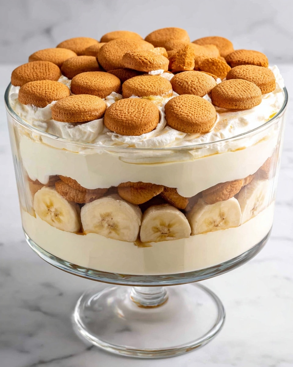 A clear glass bowl shows a dessert with four layers: the bottom layer is smooth cream, above it is a layer of round vanilla wafer cookies and banana slices, followed by another cream layer, then more wafer cookies and bananas, and the top layer is a full cover of golden brown vanilla wafer cookies. Each cream layer is soft and white, and the round biscuits are evenly placed, adding texture. The bowl stands on a white marbled surface. photo taken with an iphone --ar 4:5 --v 7
