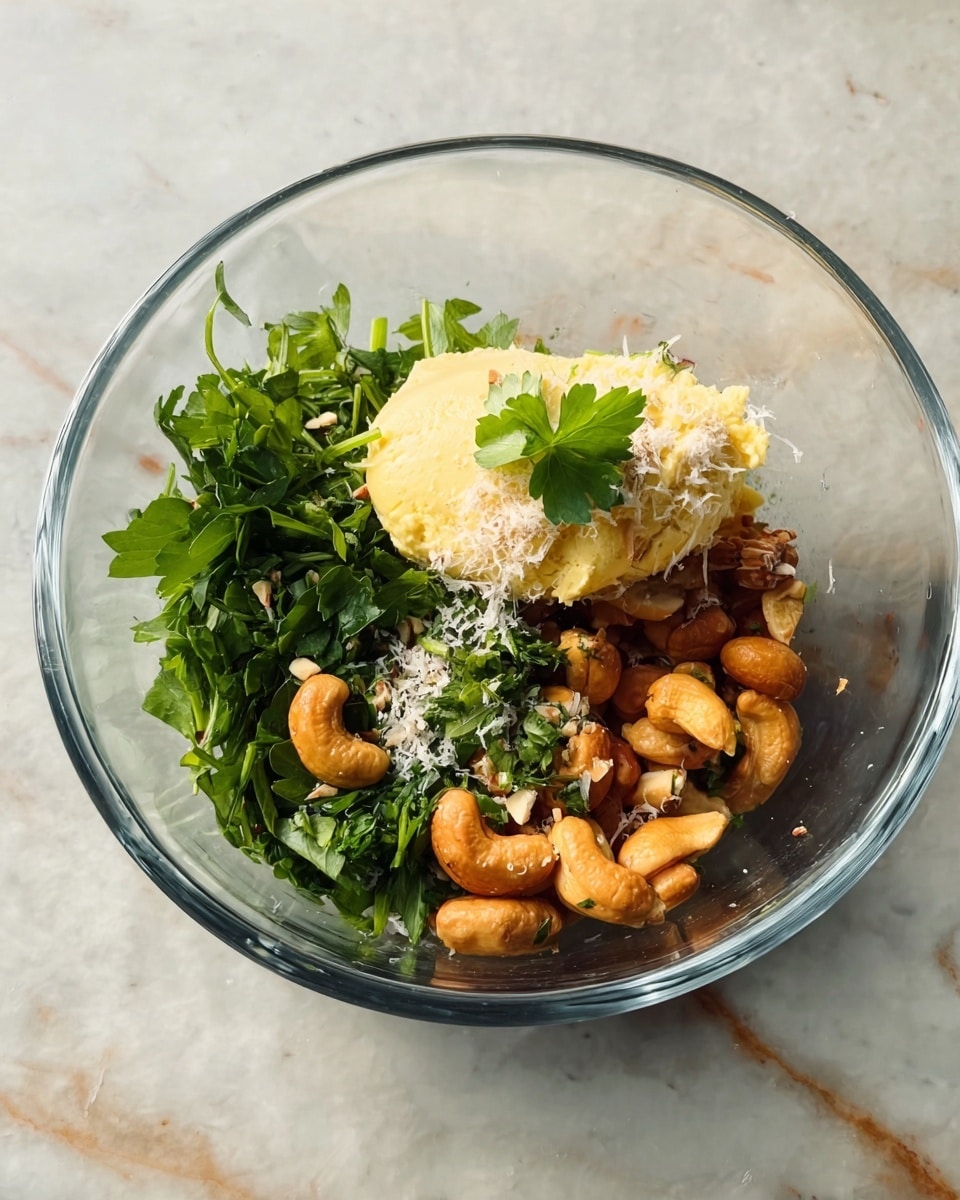 A clear glass bowl sits on a white marbled surface, filled with several layers of ingredients. At the bottom, there is a bunch of fresh green parsley with visible stems. Above the parsley are golden roasted cashew nuts that look shiny and slightly crisp. On the side rests a pale yellow dollop of butter or margarine, topped with a small green parsley leaf. Sprinkled lightly over the mix are fine white grated cheese bits, adding a grainy texture. The colors range from bright green to rich golden brown, creating a fresh and warm contrast. Photo taken with an iphone --ar 4:5 --v 7