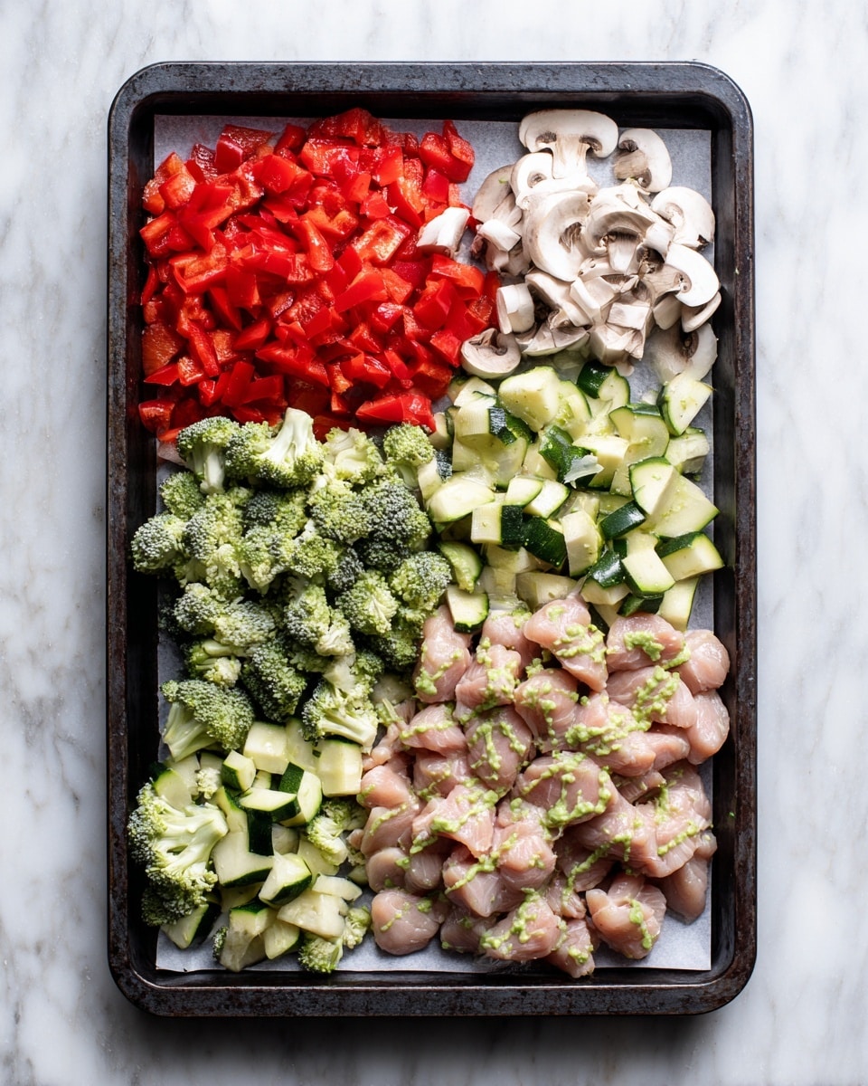 A dark baking tray lined with white parchment paper sits on a white marbled surface. The tray holds six neatly separated layers: bright red chopped bell peppers in the top left corner, small white mushroom slices next to them on the right, fresh green broccoli florets in the bottom left, thinly sliced light green zucchini pieces on the bottom right, and in the center, raw light pink chicken pieces scattered, all topped with a light green sauce drizzled over each ingredient. photo taken with an iphone --ar 4:5 --v 7