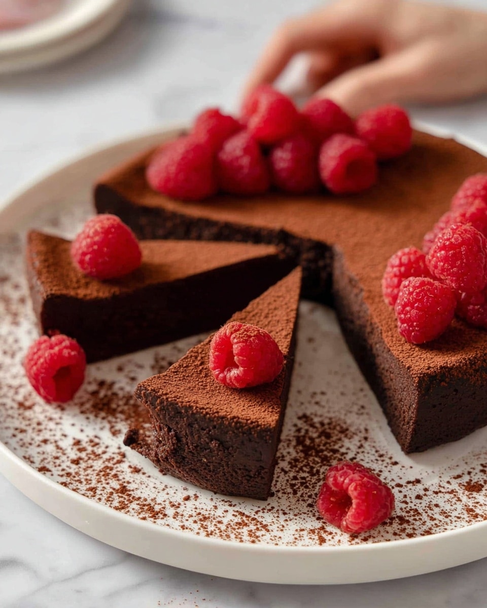 The image shows a dark brown chocolate cake sliced into pieces on a white plate. The cake has a smooth top layer dusted with light brown cocoa powder and each slice is decorated with bright red raspberries on top. The cake looks moist and dense with a soft texture. Some cocoa powder is sprinkled around the edges of the plate, all placed on a white marbled surface. A woman's hand reaches toward the plate in the background. photo taken with an iphone --ar 4:5 --v 7