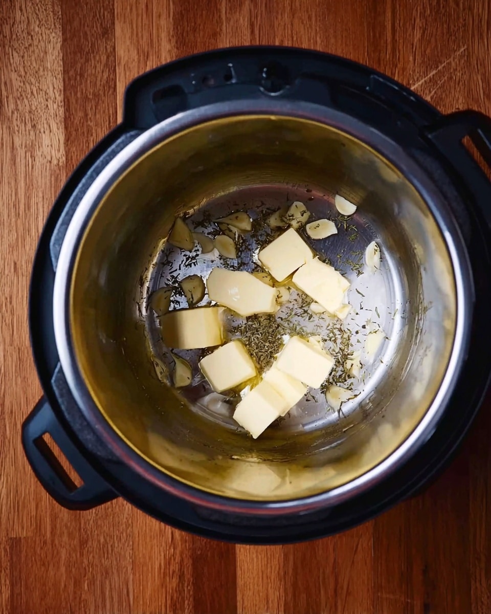 Inside a silver inner pot of a black electric cooker, there are several light yellow chunky cubes of butter melting, surrounded by thin slices of pale off-white garlic and small sprinkles of dried green herbs scattered on the metal surface. The cooker is placed on a warm brown wooden surface. photo taken with an iphone --ar 4:5 --v 7