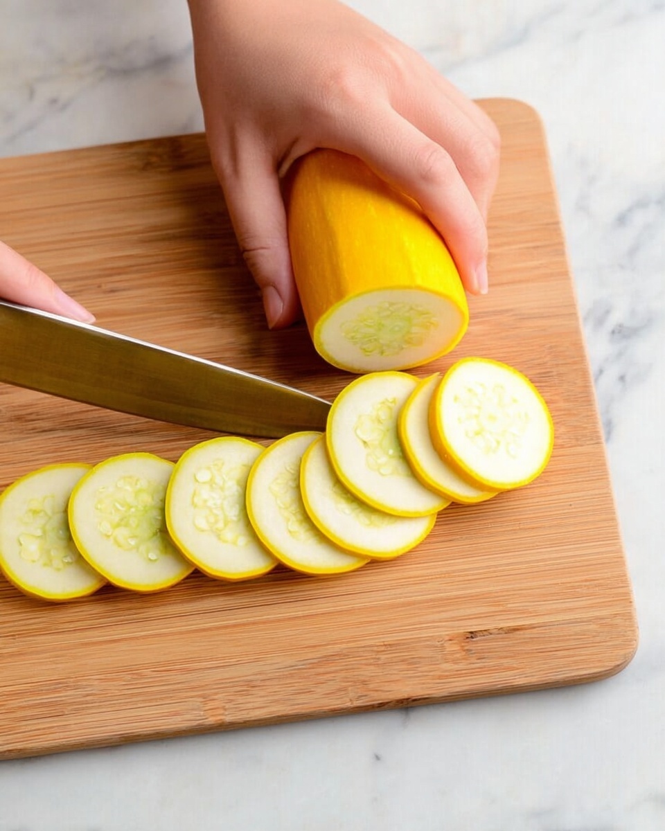 A woman's hand is slicing a yellow squash into round pieces on a wooden cutting board placed on a white marbled surface. The yellow squash has a smooth, bright yellow skin with pale green seeds inside. The slices are arranged in a line on the cutting board, showing their circular shape and light green interior. A white marbled cutting board is partially visible under the squash. Photo taken with an iphone --ar 4:5 --v 7