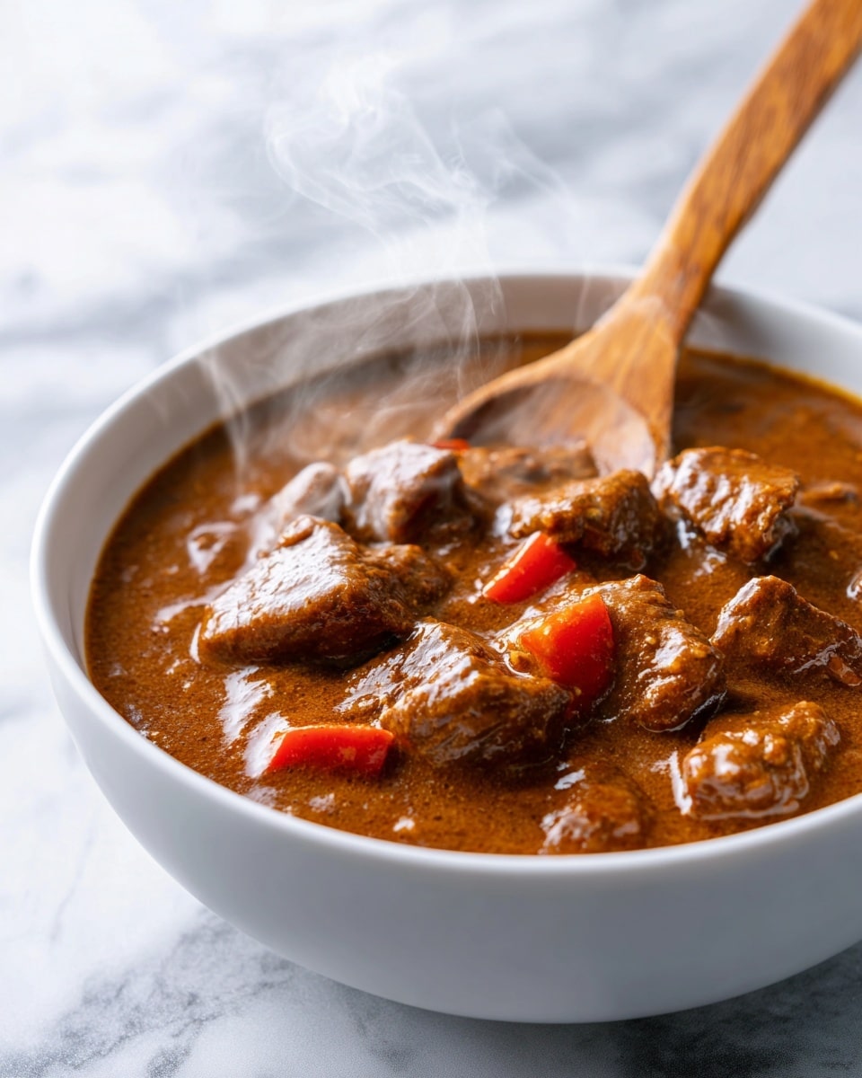 The image shows a close-up of a thick stew with chunks of meat and small pieces of red bell pepper mixed in a rich, brown sauce. The stew is cooked in a white bowl, and you can see a wooden spoon stirring the mixture on the right side of the image. The sauce looks smooth and shiny with steam rising softly, giving a warm, fresh-cooked feeling. The background is a white marbled texture, adding contrast to the brown stew. photo taken with an iphone --ar 4:5 --v 7