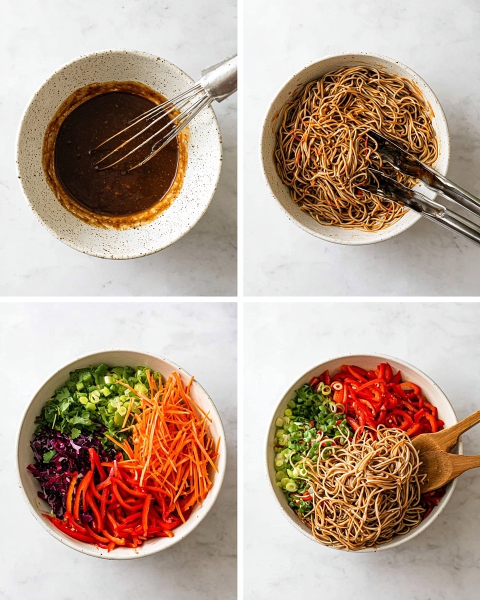 A collage of four images on a white marbled surface shows the steps to make a noodle salad. The first image is a white speckled bowl with thick brown sauce inside and a metal whisk resting on the side. The second image shows cooked noodles mixed with the brown sauce in a white speckled bowl with metal tongs inside. The third image has a white bowl filled with layers of chopped colorful vegetables: green cilantro and scallions on the left side, bright orange shredded carrots on the top, sliced red bell peppers and chili on the bottom, and a heap of brown noodles on top in the center. The last image shows the vegetables and noodles well mixed together in the white bowl with wooden salad tongs. The salad has many colors from the vegetables and noodles all spread evenly. Photo taken with an iphone --ar 4:5 --v 7