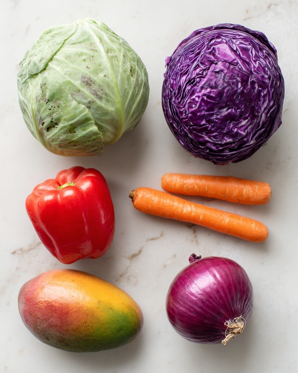 The image shows seven whole fresh ingredients arranged on a white marbled surface. Starting from the top center, there is a round purple cabbage with smooth, tightly packed leaves. Below it to the left is a large green cabbage with a pale green color and a rough texture with some dry spots. To the right of the purple cabbage, there are two orange carrots placed side by side, smooth and slightly shiny. Below the carrots and cabbage, near the center, lies a mango with a mix of green and reddish skin, smooth and oval-shaped. To the bottom left of the mango, a red bell pepper with a shiny and smooth surface is shown. Finally, to the right of the red bell pepper is a small round purple onion with a smooth surface and visible root end. All the ingredients are spaced out clearly on the white marbled background, each labeled with black text next to them. photo taken with an iphone --ar 4:5 --v 7