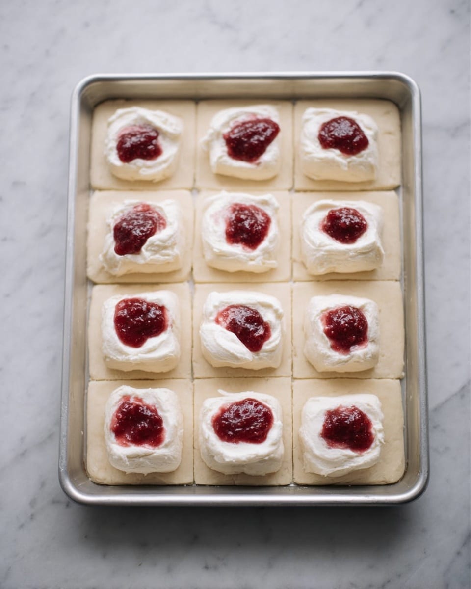 A metal baking tray holds a sheet of pale dough, divided into square sections by faint lines. On each square, there is a dollop of white cream that looks soft and fluffy, surrounding a bright red jam center that has a slightly shiny, chunky texture. The jam sits in the middle of the cream, creating a two-layer effect with the smooth cream on the outside and the vibrant red jam inside each piece. The tray rests on a white marbled surface. photo taken with an iphone --ar 4:5 --v 7