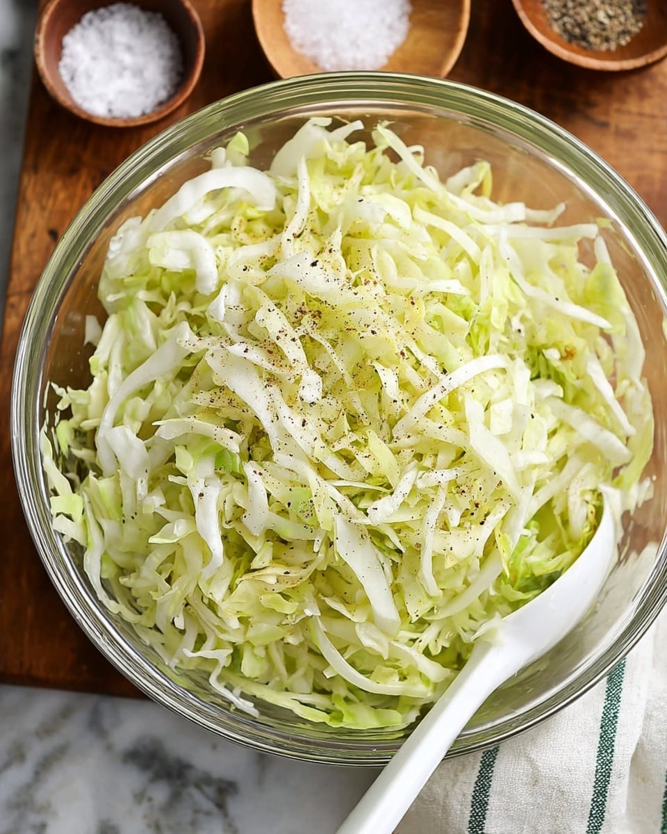 A clear glass bowl is filled with shredded cabbage and thin slices of white onion mixed together. The cabbage is light green and pale yellow, with some pieces having a slight shine. Tiny brown specks of seasoning are spread evenly on top. A white spoon is placed inside the bowl, resting among the cabbage strands. In the background, blurred wooden brown texture is visible along with small bowls of pepper and salt. A white and green striped cloth is partially visible at the bottom right. The photo is taken from above on a white marbled surface. photo taken with an iphone --ar 4:5 --v 7
