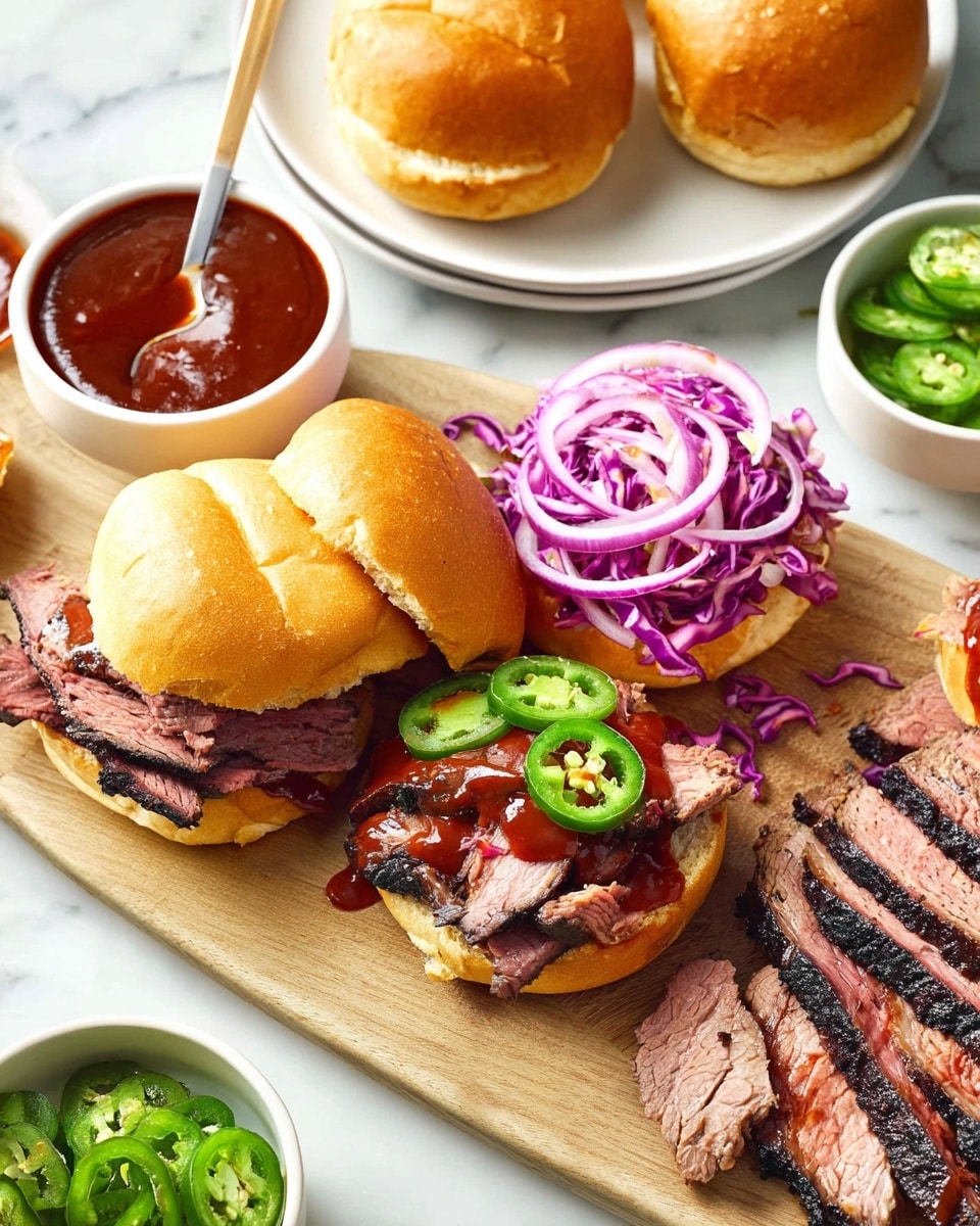 The image shows a wooden board with three open sandwiches made from soft golden brown sandwich buns. Each sandwich has a bottom bun layer topped with several slices of grilled beef, dark brown on the edges and pink inside. The first sandwich has a layer of dark red barbecue sauce and three green sliced jalapeños on top. The second sandwich is topped with thick rings of purple onion over beef and sauce. The third sandwich has shredded, bright purple cabbage over the beef and sauce. Nearby, there is a white bowl filled with more barbecue sauce with a spoon in it, and other white dishes holding sliced green jalapeños on a white marbled surface. In the background, a white plate holds more sliced grilled beef with some sauce spilling on the plate. photo taken with an iphone --ar 4:5 --v 7
