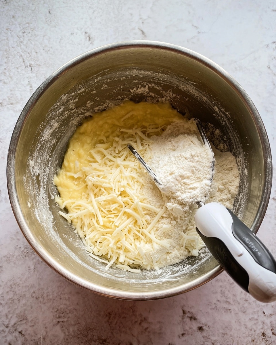 Inside a metal mixing bowl, there are three visible layers of ingredients waiting to be mixed: a pale yellow mashed layer at the bottom with a smooth, thick texture, a pile of white shredded cheese on top towards the right side, and some white flour dusted on the left side. A metal potato masher with a white and black handle rests inside the bowl, partially embedded in the ingredients. The bowl sits on a kitchen surface that has been described as white marbled texture. photo taken with an iphone --ar 4:5 --v 7