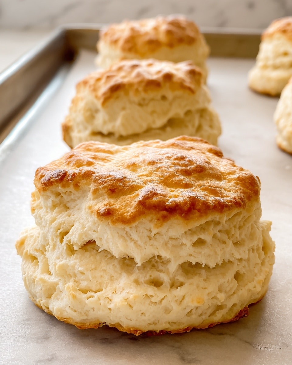 The image shows several freshly baked scones placed in a line on a baking tray. Each scone has one layer with a golden brown top surface that looks slightly crisp and uneven, while the rest is a soft, crumbly, and pale cream color with a rough texture. The scones are puffed and have irregular, bumpy edges, with the closest one taking up most of the frame and the others fading into the background on a white marbled surface. Photo taken with an iphone --ar 4:5 --v 7
