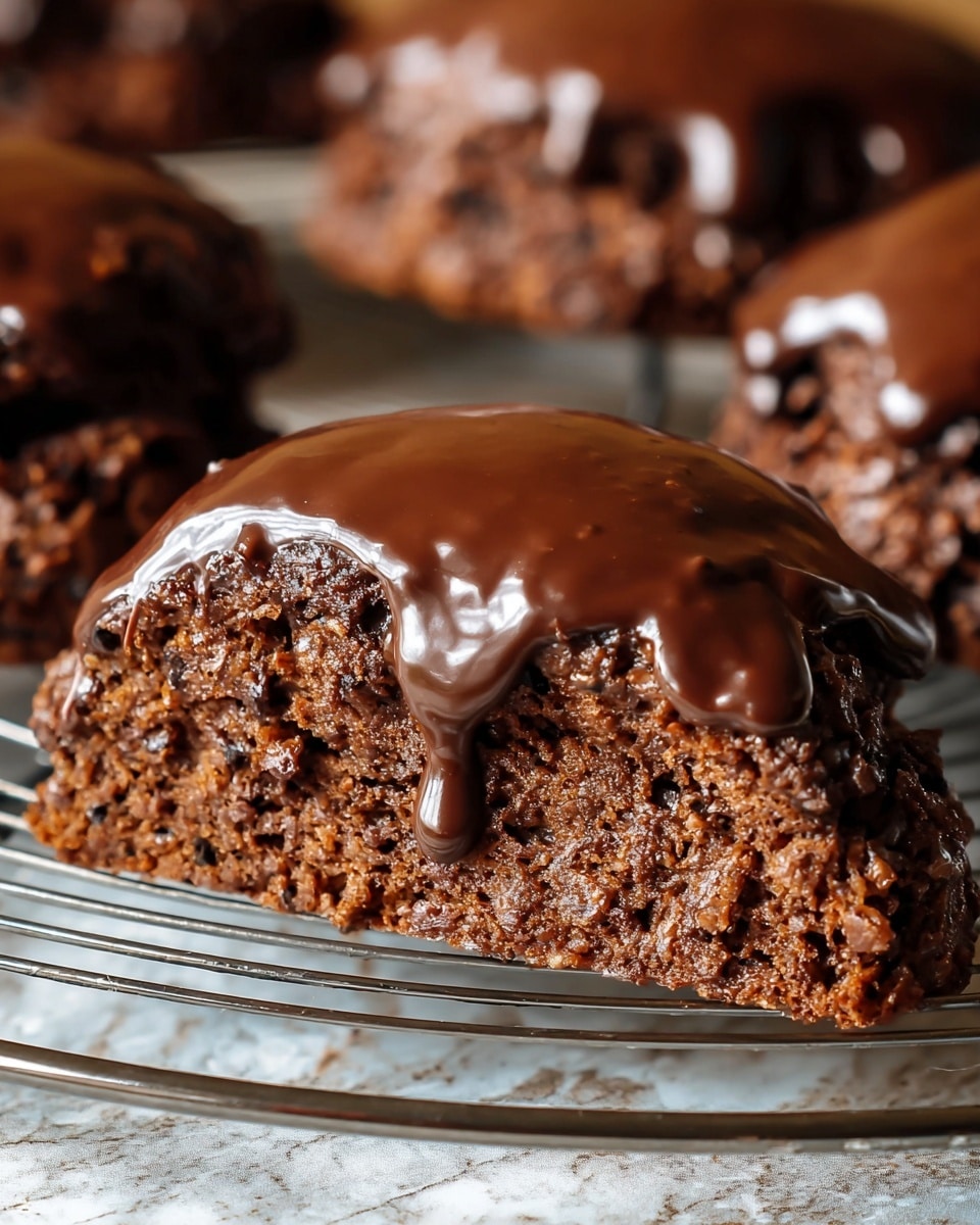 A close-up of a single large chocolate scone resting on a silver wire rack, showing a rough textured dark brown base with tiny lighter specks and dense crumb inside; the top layer has a thick, shiny, smooth chocolate glaze that drips down the edges unevenly, creating small pools along the sides. In the blurred background, more chocolate scones are visible, also on the wire rack. The surface under the rack is a white marbled texture. photo taken with an iphone --ar 4:5 --v 7