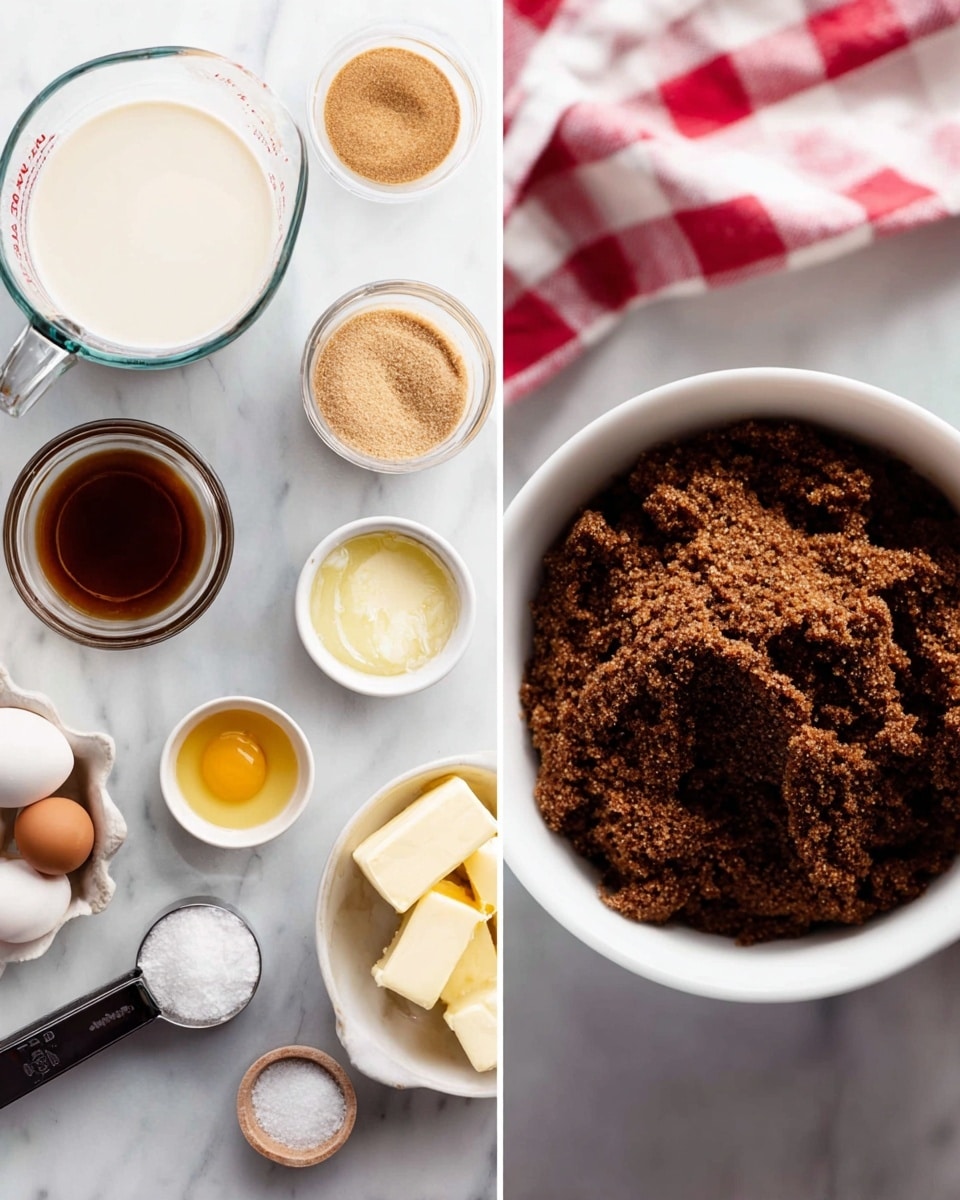 The image shows two side-by-side pictures on a white marbled surface. The left side features measured ingredients neatly arranged: a large clear measuring cup filled with cream at the top left, two egg yolks in a small white bowl at the bottom left, a cup of light brown sugar, a small glass bowl of maple syrup, another small bowl with light yellow liquid, a small black bowl with white salt, a metal measuring cup with white flour, and butter chunks on wax paper near a red and white checkered cloth at the top right. The right side shows a close-up of a white bowl filled with crumbly dark brown sugar, with a white cup of syrup partially visible beside it. Photo taken with an iphone --ar 4:5 --v 7