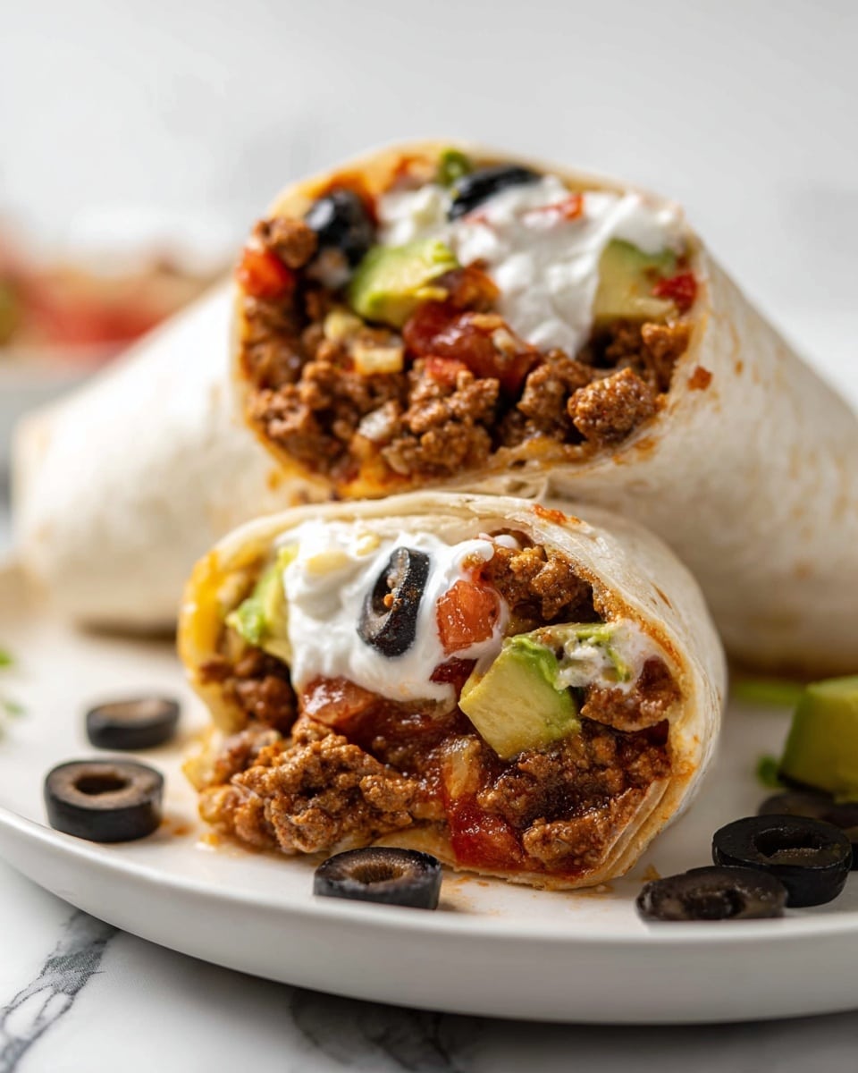 The image shows two halves of a soft white tortilla wrap filled with multiple layers. The bottom layer is ground meat mixed with red tomato pieces and green avocado chunks. On top, layers of sour cream and small bits of diced onion and olives are visible, adding white and dark black contrasts. The wrap is placed on a white plate set on a white marbled surface, with a few black olive slices scattered around. The focus is on the front half, showing textures like creamy sour cream, chunky meat filling, and soft tortilla clearly. Photo taken with an iphone --ar 4:5 --v 7