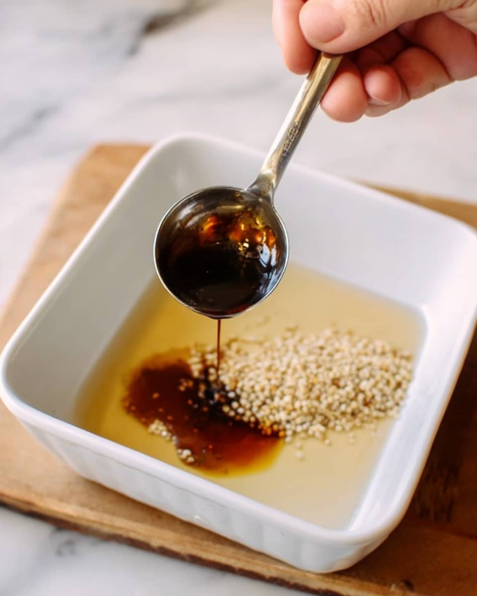 A woman’s hand holds a silver measuring spoon above a white rectangular dish filled with several ingredients. The dish has a light tan liquid covering the bottom, with a mound of small beige grains on the right side. Below these grains is a thick, dark brown syrup slowly dripping from the measuring spoon into the dish. The background shows a white marbled surface with a small part of a wooden board visible on the lower right. photo taken with an iphone --ar 4:5 --v 7