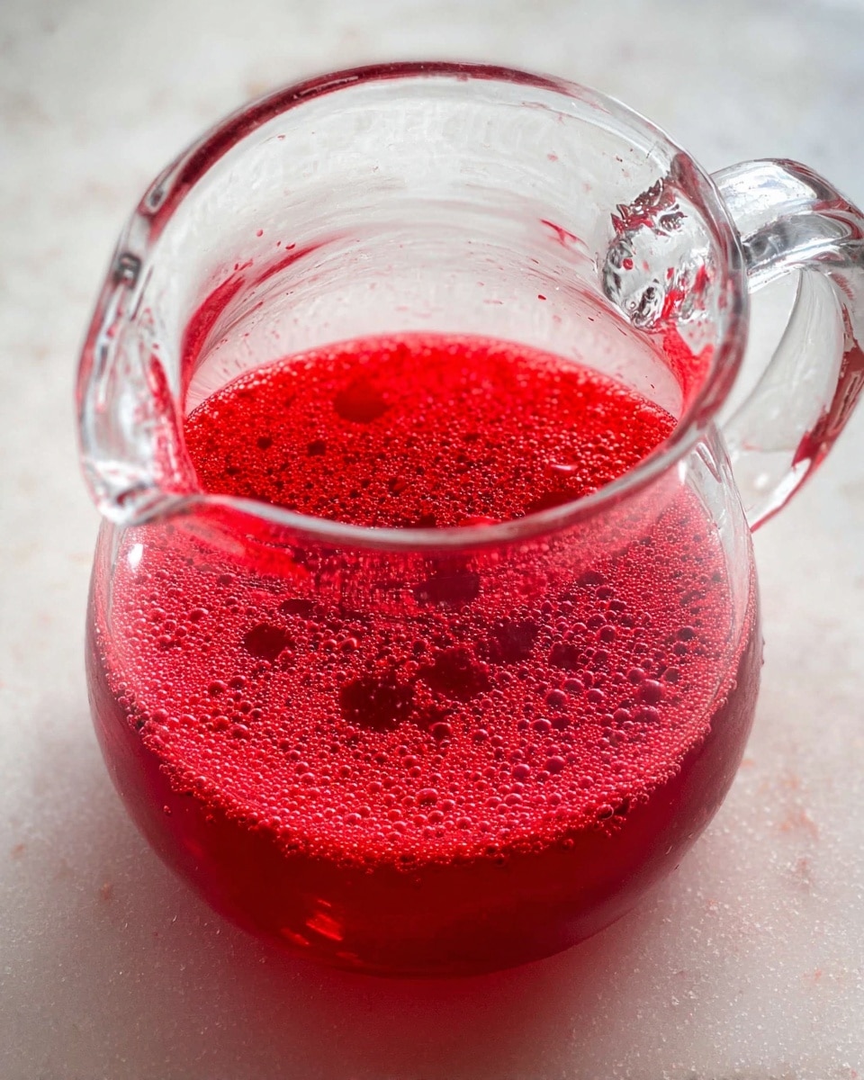 A clear glass jug filled with bright red liquid that has many small bubbles on the surface. The liquid fills about one-third of the jug’s inside, and the bubbles give a foamy, light texture. The jug is placed on a white marbled surface. The photo taken with an iphone --ar 4:5 --v 7