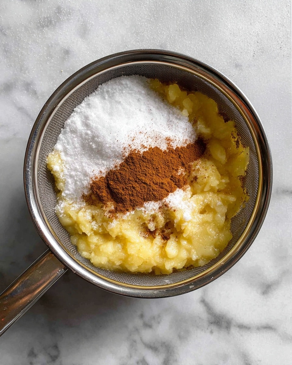 A top view of a metal strainer filled with light yellow mashed apples at the bottom, topped with a white powdery substance of sugar layered in a thick patch on the left and right sides, and a central thin line of brown cinnamon powder running from the top to the bottom, all set on a white marbled surface photo taken with an iphone --ar 4:5 --v 7