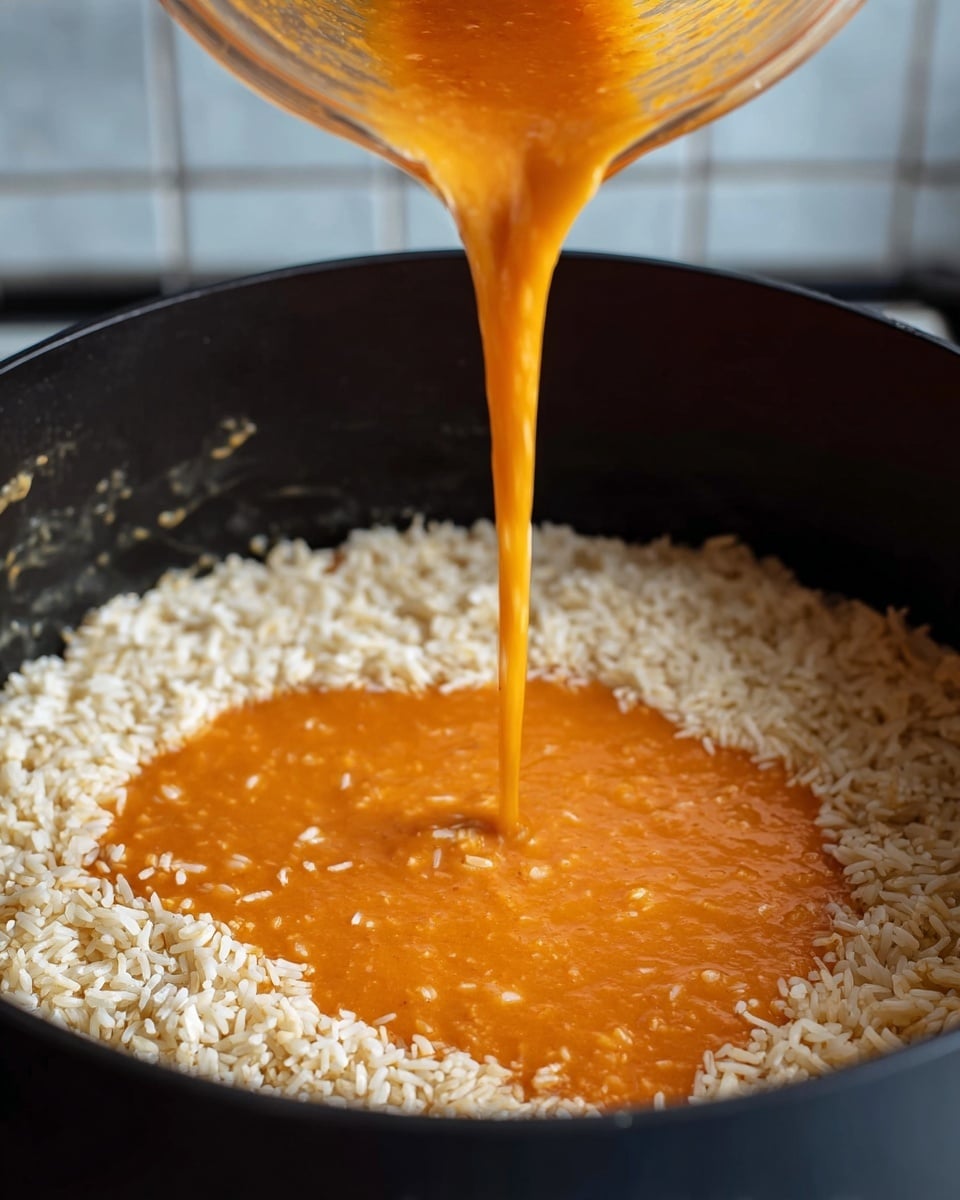 A close-up image shows a large black cooking pot filled with one layer of dry white rice grains covering the bottom evenly. A thick bright orange sauce with visible small white bits is being poured slowly from a clear blender container into the center of the rice, creating a smooth flowing stream. The background features a kitchen with blurred tiles, while the pot’s inner black surface adds contrast to the white rice and vibrant sauce. The scene captures the moment just as the sauce begins to spread over the rice. Photo taken with an iphone --ar 4:5 --v 7