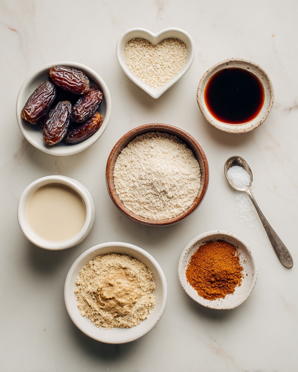 The image shows seven small white bowls and a spoon arranged neatly on a white marbled surface. The top row features whole dates in a round white bowl on the left and a round white bowl with dark brown vanilla extract on the right. Below the dates, there is a small white bowl shaped like a heart filled with light tan almond flour, next to it on the right is a small white cup with light beige dairy-free milk. In the middle row, a brown ceramic bowl filled with light beige oat flour is placed at the center. Below the oat flour bowl, on the left side, there is a white bowl with thick light brown nut or seed butter. To the right of the vanilla extract is a small white bowl filled with dark orange cinnamon powder. A small spoon with a pinch of salt is placed at the bottom right corner. The overall scene is clean, simple, and well-organized with soft natural lighting. photo taken with an iphone --ar 4:5 --v 7