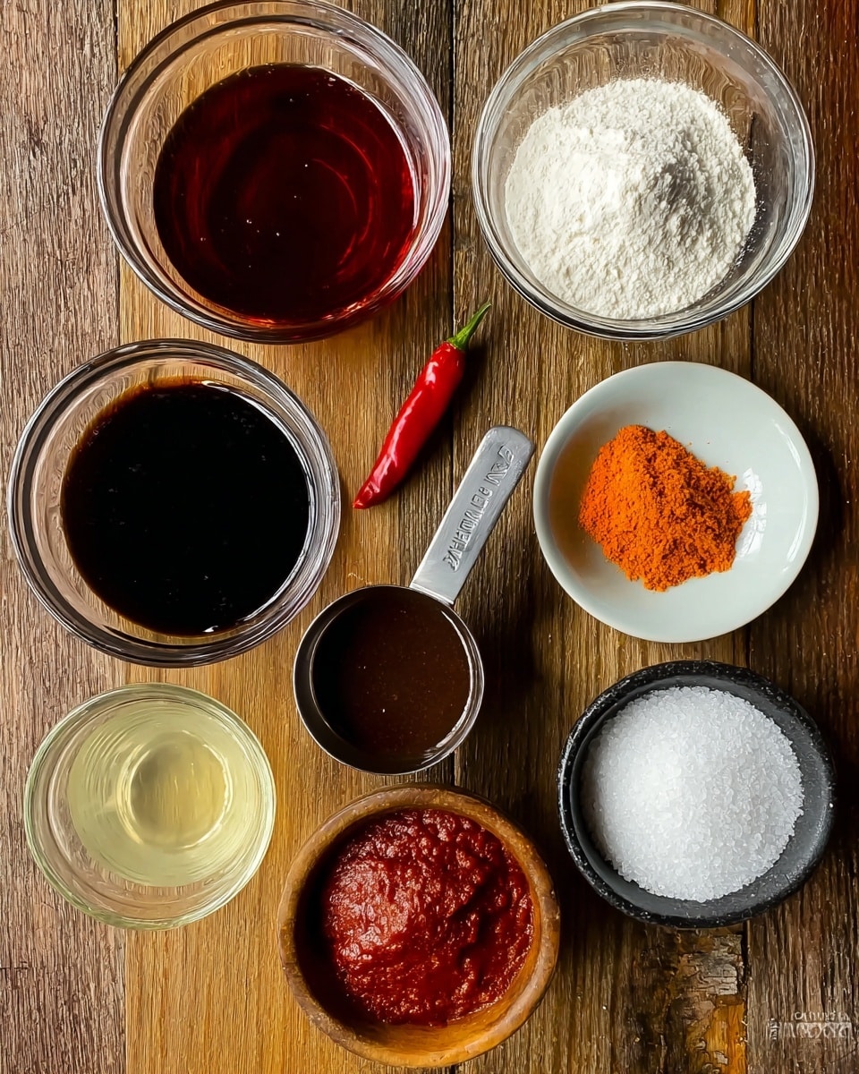 The image shows seven containers with ingredients arranged neatly on a wooden surface. At the top left, a glass bowl holds a deep reddish-brown liquid, and just right of it is another glass bowl filled with a white powdery substance. To the right, a white plate contains a small mound of bright orange powder. Below the orange powder, a metal measuring cup holds a thick dark brown sauce. Below and slightly left, another glass bowl contains a dark black liquid, with a single small red chili placed on the surface nearby. At the bottom left, a small metal cup holds a clear pale yellow liquid, and next to it, a wooden bowl is full of smooth, rich red paste. Finally, at the bottom right, a black bowl holds a mound of white granular sugar. Photo taken with an iphone --ar 4:5 --v 7