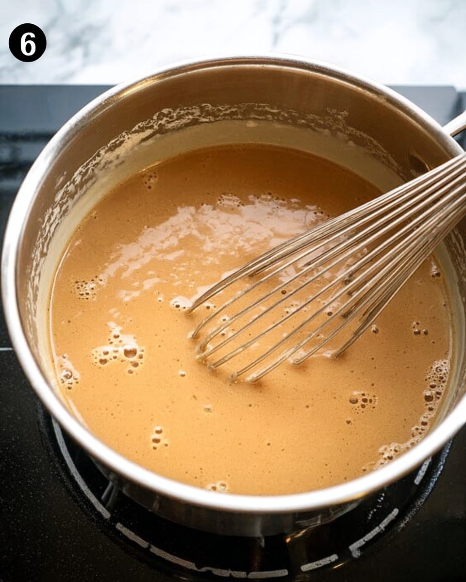 A light brown creamy liquid sauce is being stirred with a metal whisk inside a metal pot placed on a black stove with white designs. The sauce has a smooth texture with some small bubbles on the surface. The pot's interior is coated with a thin layer of sauce residue. The background is a white marbled texture. photo taken with an iphone --ar 4:5 --v 7