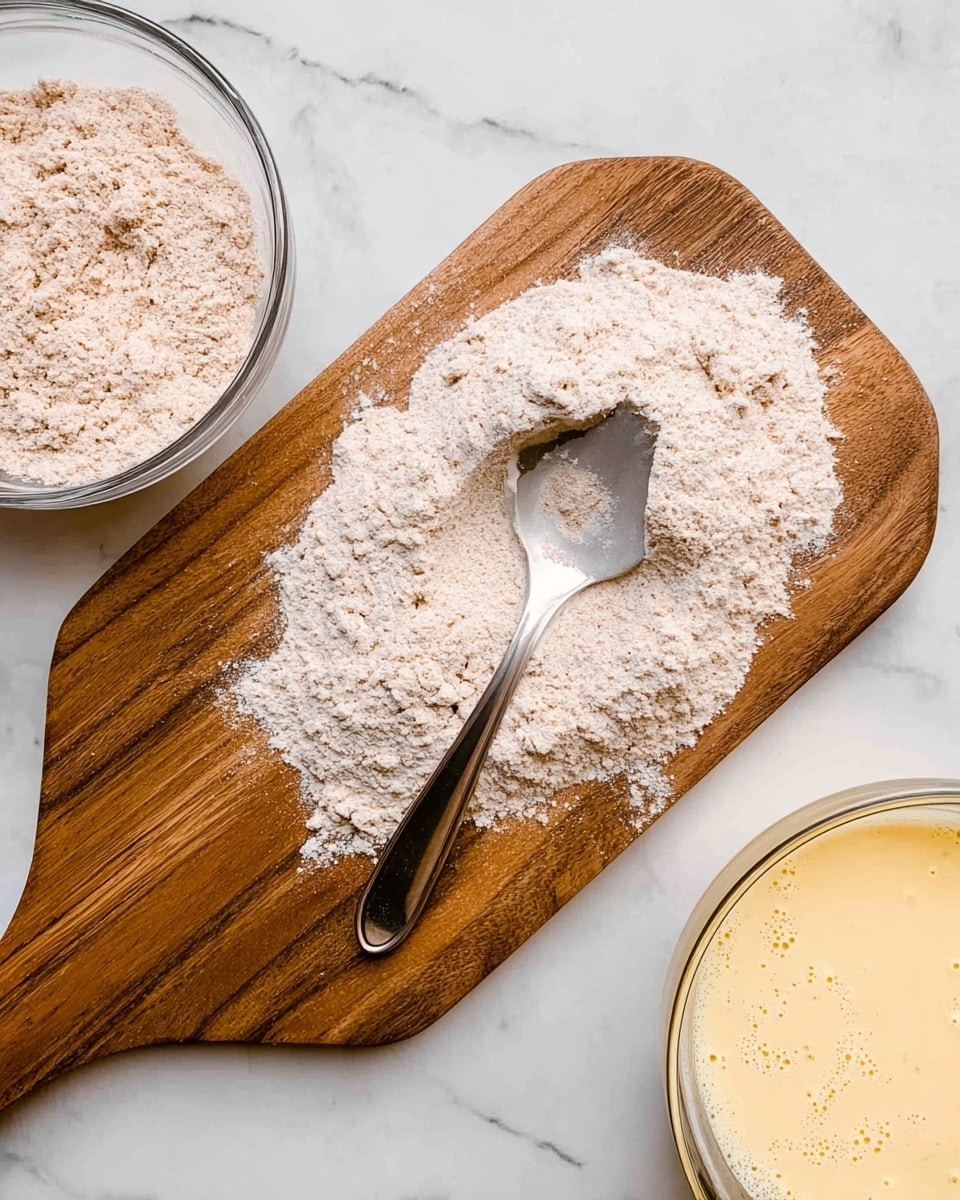 A wooden cutting board holds a scattered light brown flour mixture spread out in a rough oval shape with a silver spoon resting on top, slightly pressing into the flour. To the left, there is a clear glass bowl filled with more of the same flour mixture, showing a powdery texture with hints of an orange tint. On the right side, part of another clear glass bowl is visible containing a pale yellow liquid mixture with some small bubbles or specks. All items are placed on a white marbled surface. photo taken with an iphone --ar 4:5 --v 7